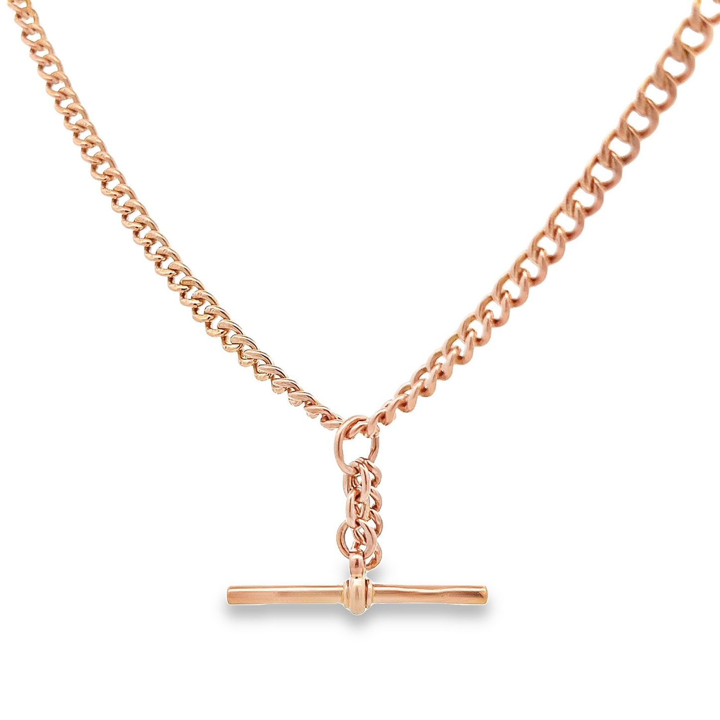 Antique 9ct Rose Gold Graduated Curb Link Albert Watch Chain with T-Bar