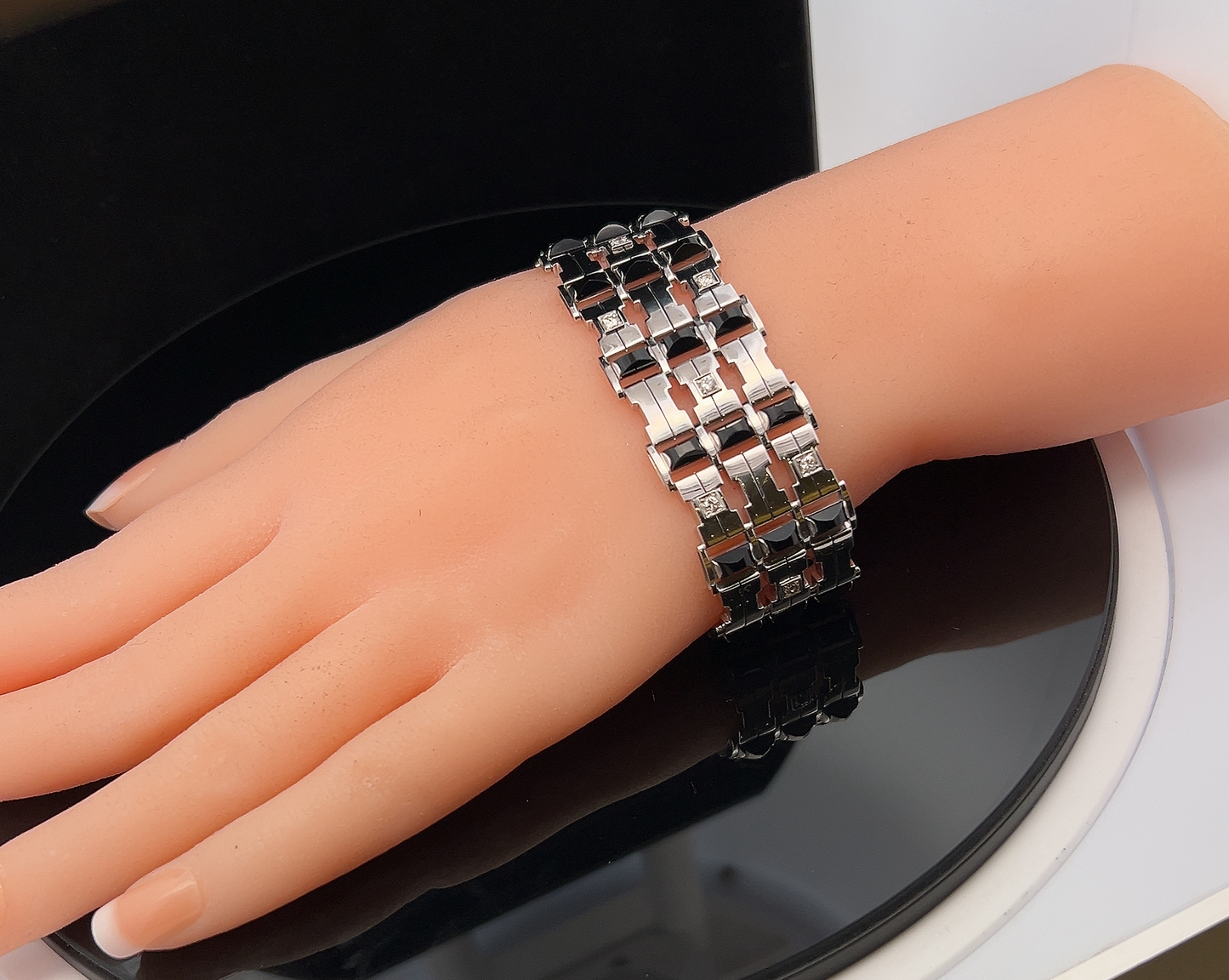 Vintage Art Deco Onyx and Diamond 18ct White Gold Cuff Bracelet