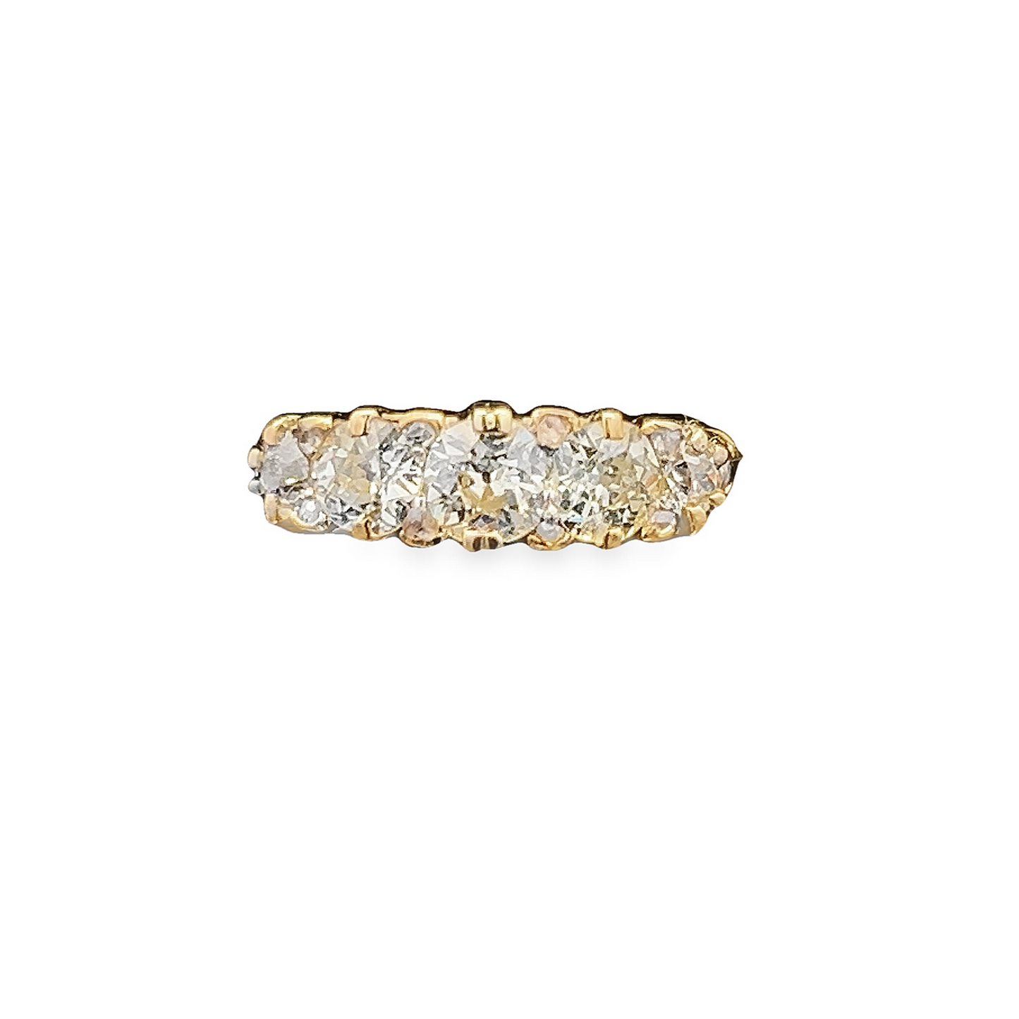 Antique Victorian 5 Stone Old European Cut Diamond and Rose Cut Diamond 18ct Gold Carved Ring