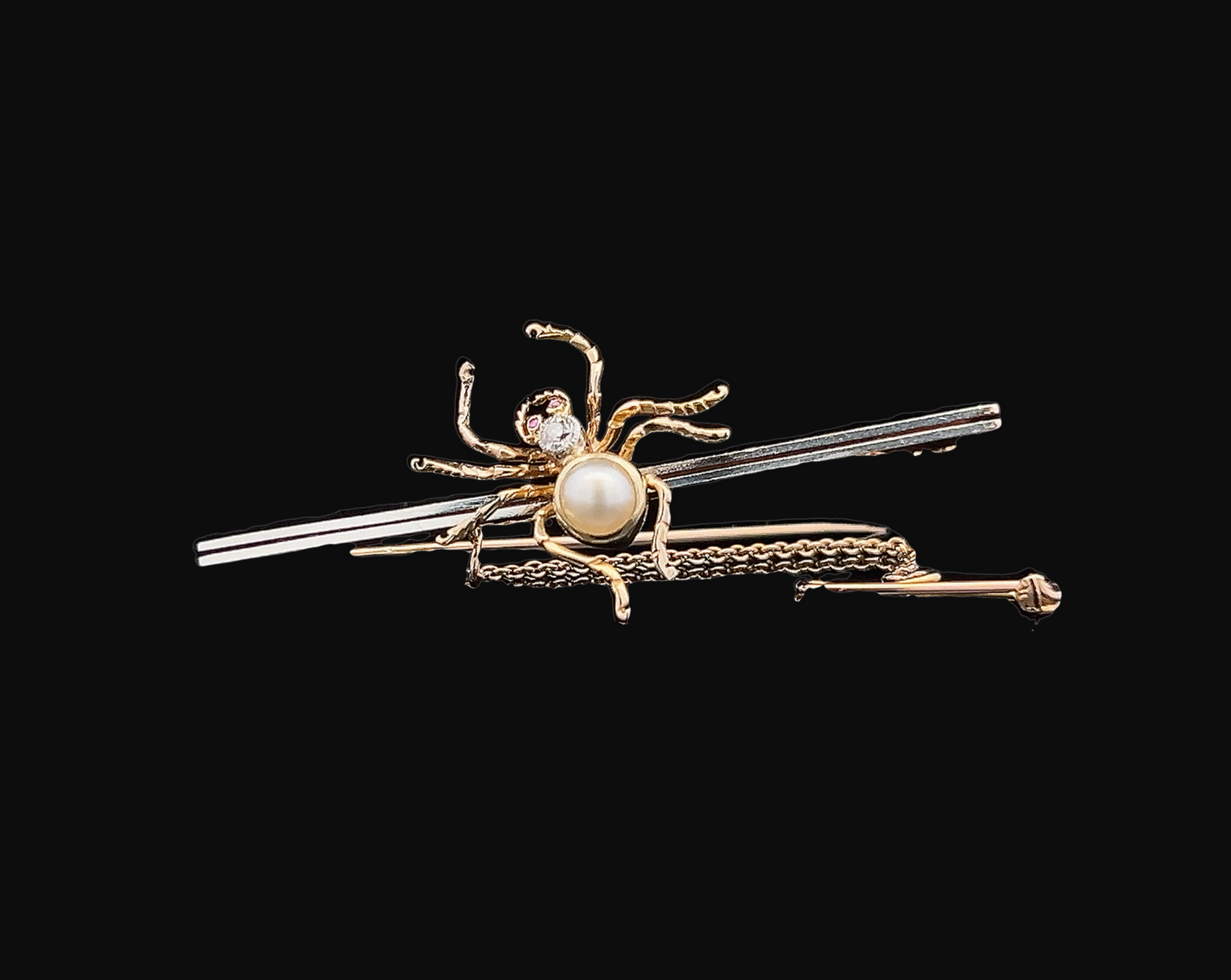 Antique Diamond, Pearl and Ruby 15ct Gold and Platinum Spider Bar Brooch