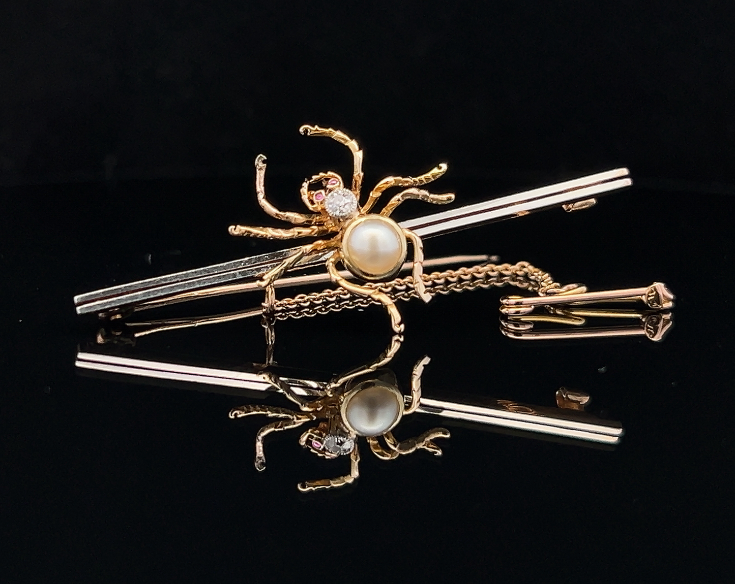 Antique Diamond, Pearl and Ruby 15ct Gold and Platinum Spider Bar Brooch