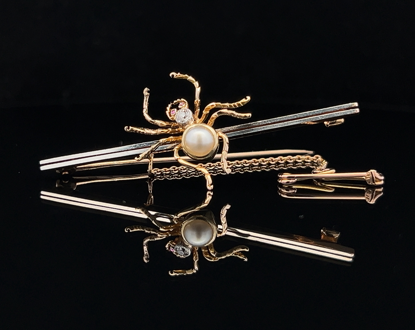 Antique Diamond, Pearl and Ruby 15ct Gold and Platinum Spider Bar Brooch
