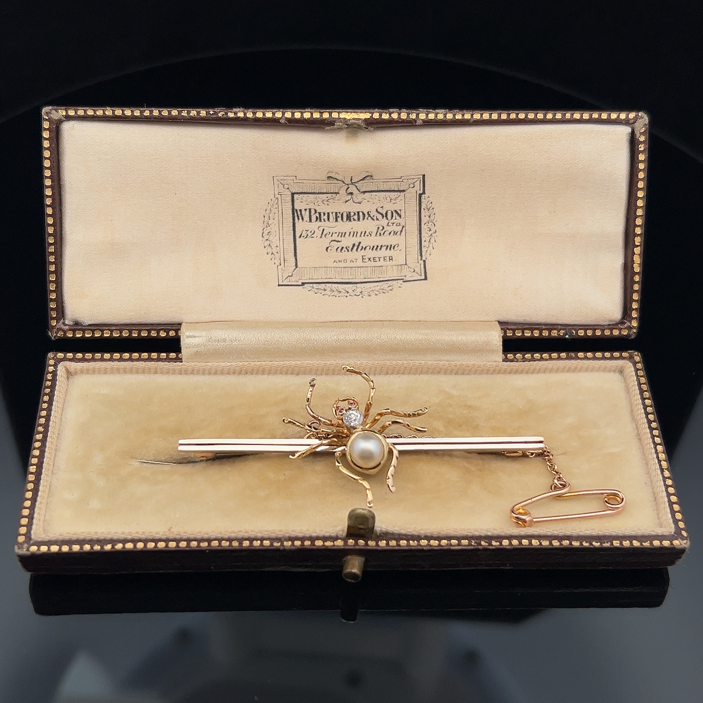 Antique Diamond, Pearl and Ruby 15ct Gold and Platinum Spider Bar Brooch