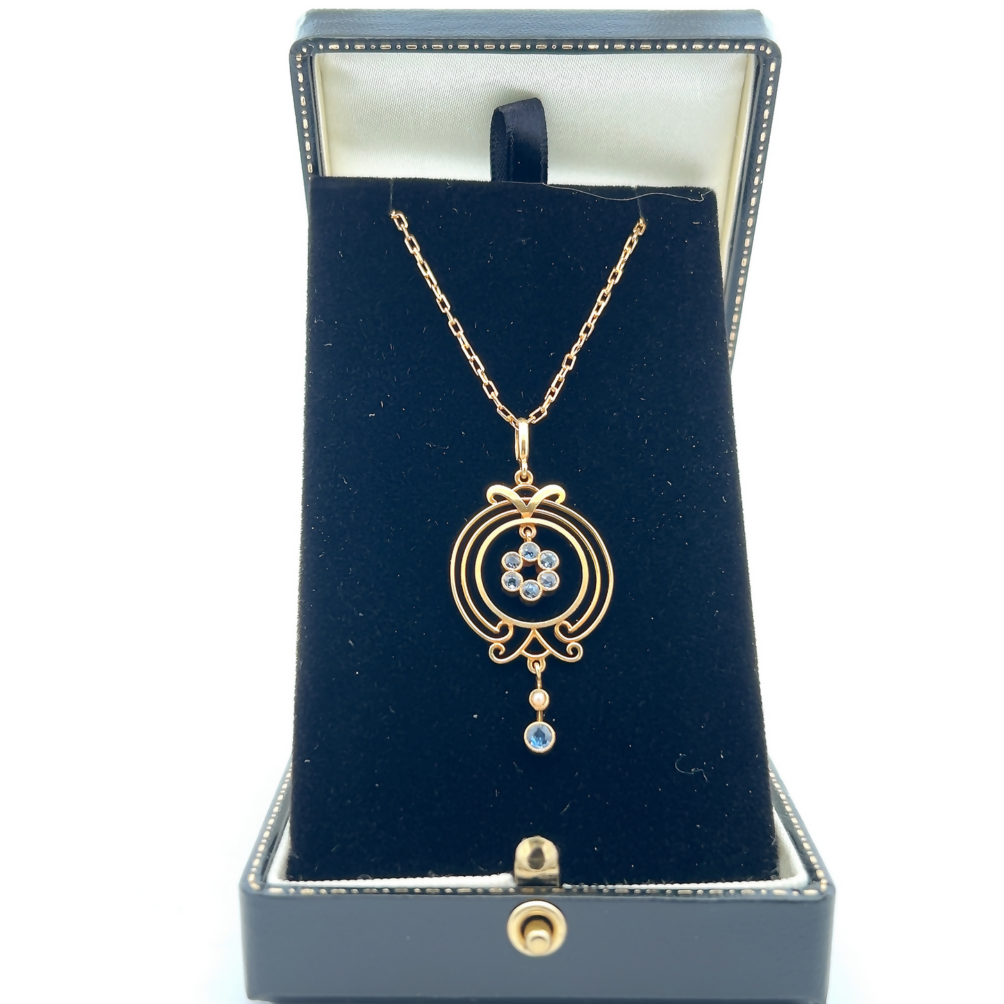 Antique Art Nouveau Sapphire and Pearl 15ct Gold Pendant with Original 15ct Gold Chain