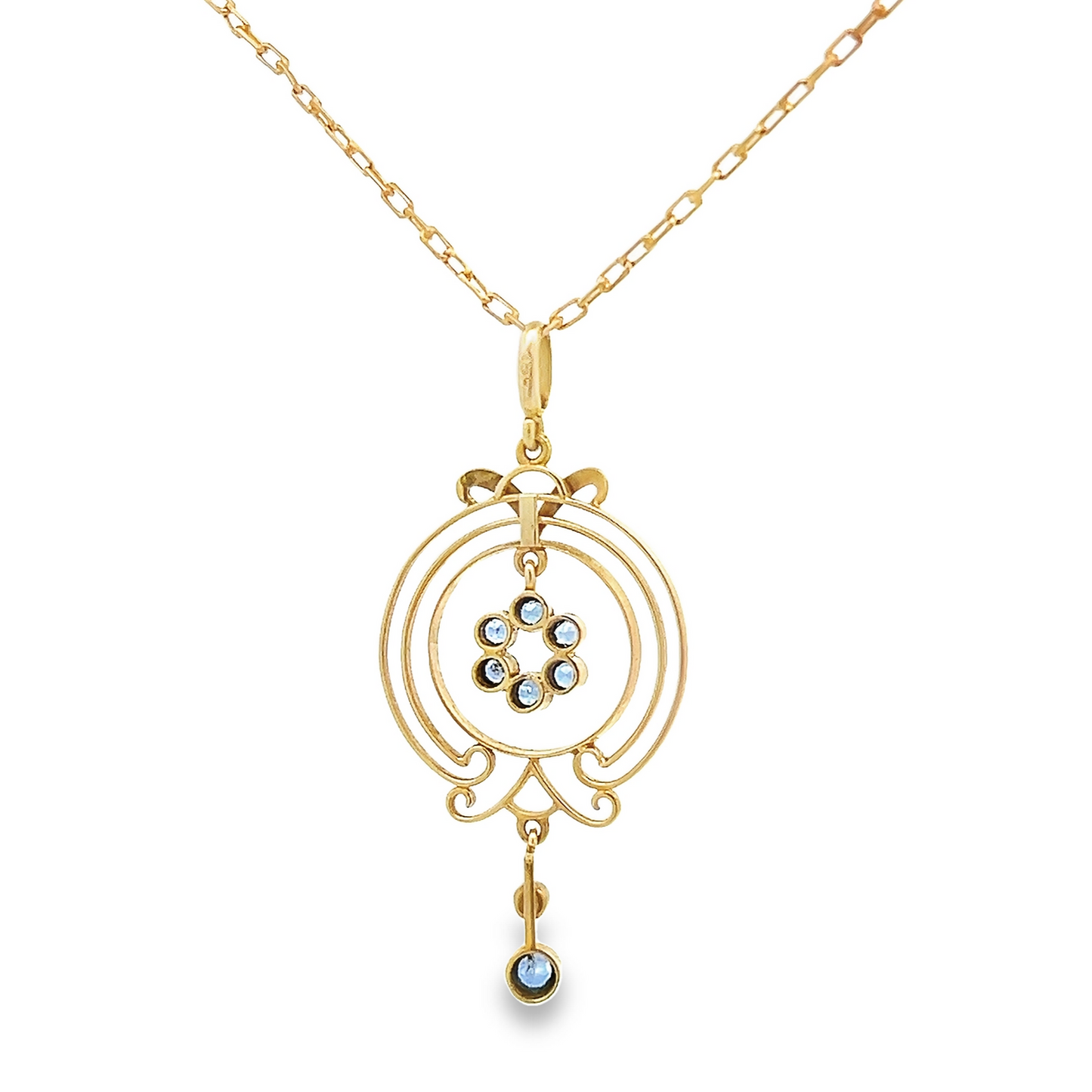 Antique Art Nouveau Sapphire and Pearl 15ct Gold Pendant with Original 15ct Gold Chain