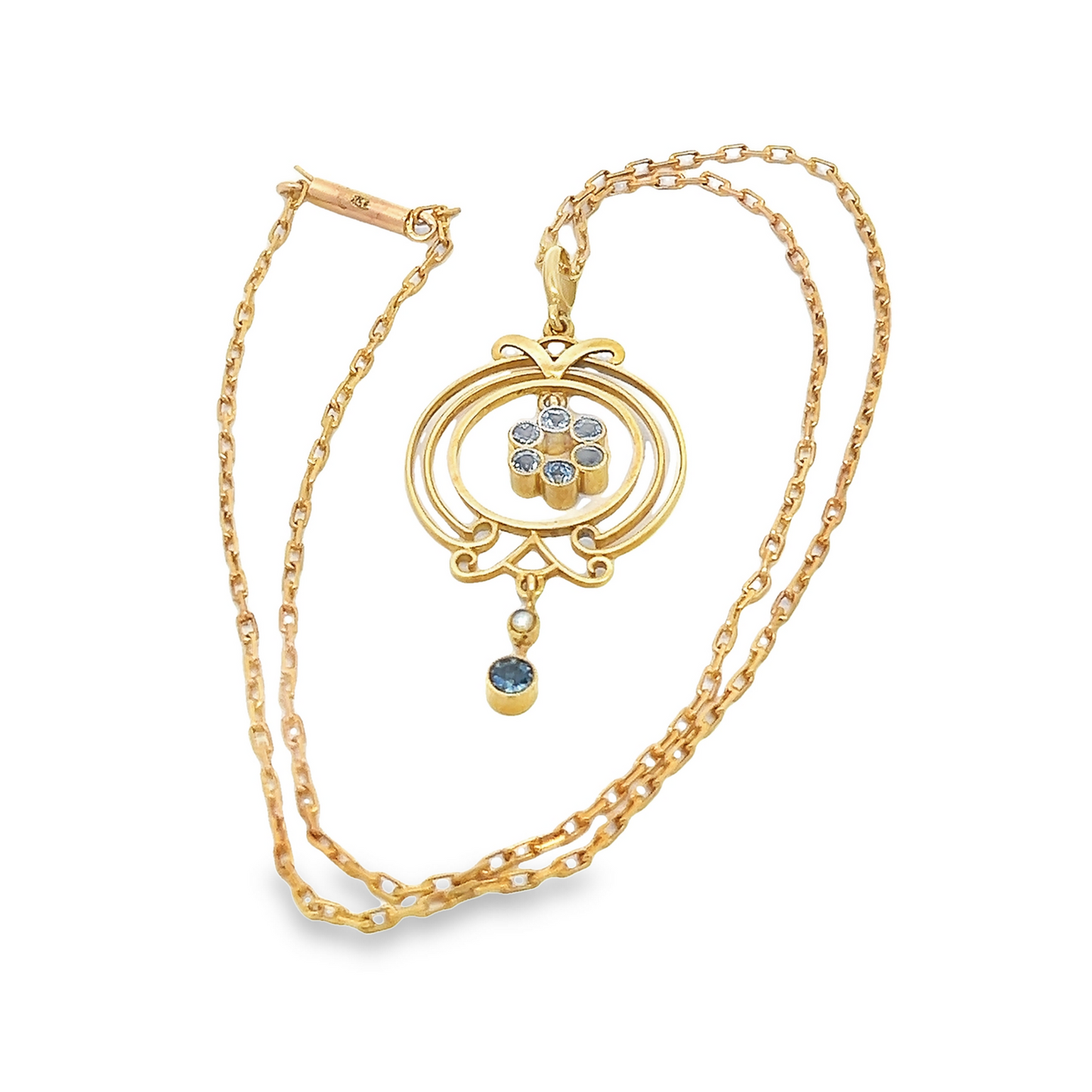 Antique Art Nouveau Sapphire and Pearl 15ct Gold Pendant with Original 15ct Gold Chain