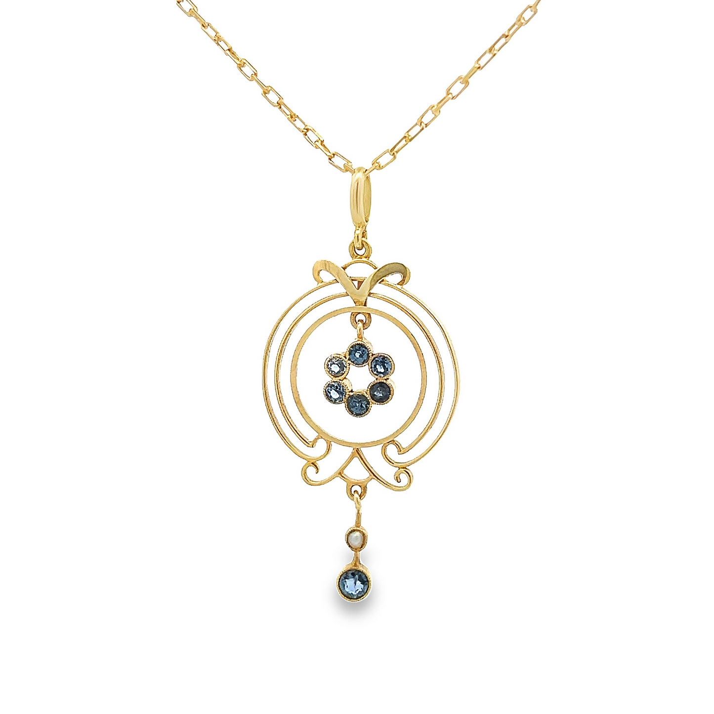Antique Art Nouveau Sapphire and Pearl 15ct Gold Pendant with Original 15ct Gold Chain