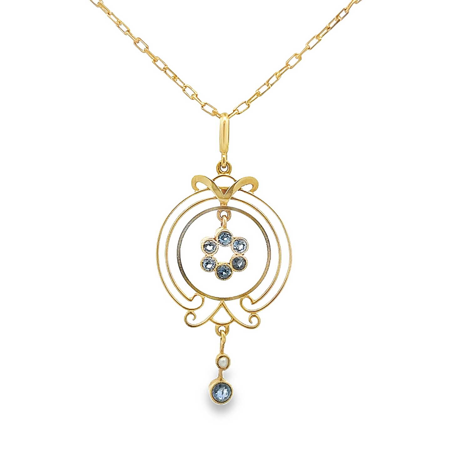 Antique Art Nouveau Sapphire and Pearl 15ct Gold Pendant with Original 15ct Gold Chain