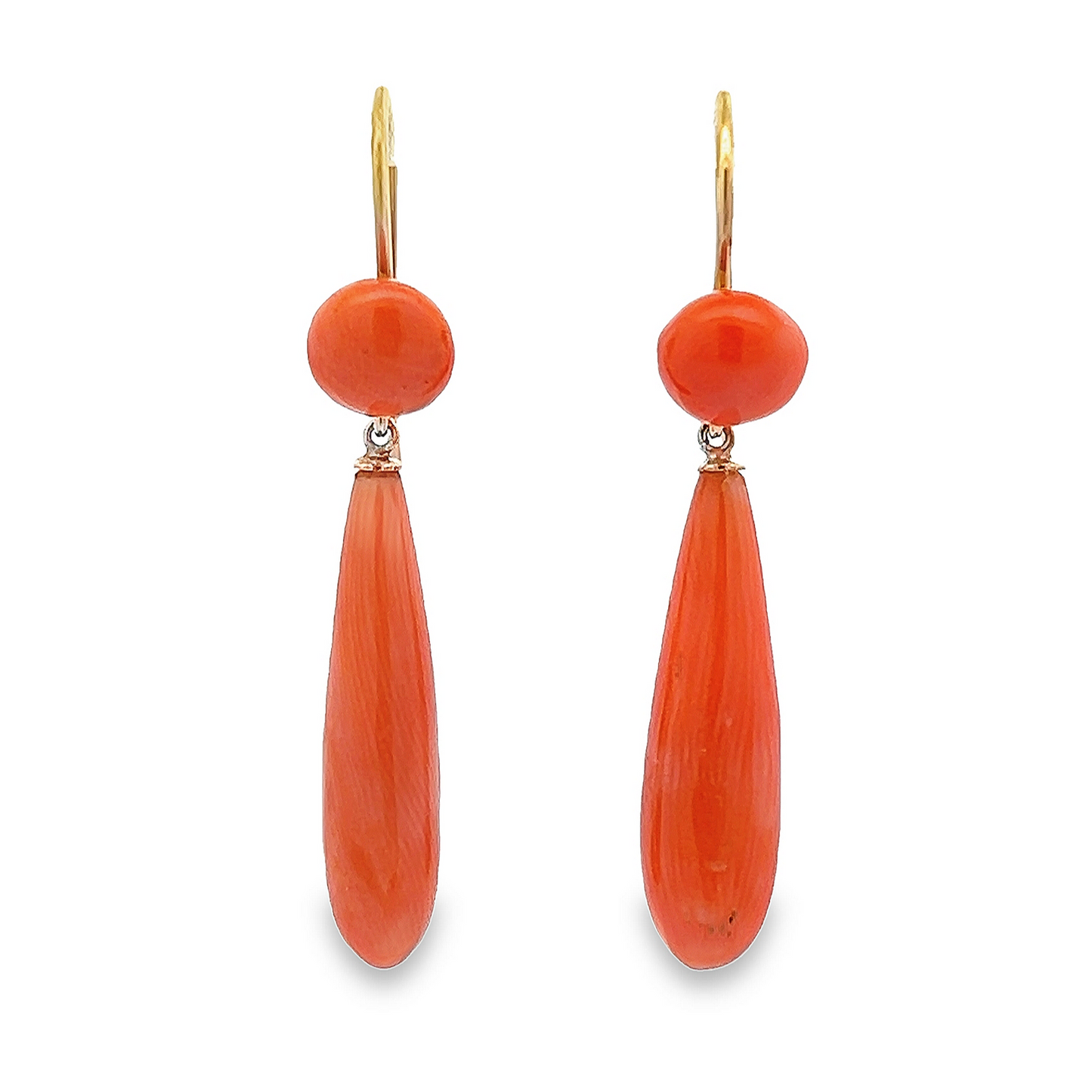 Antique Victorian Pear Shaped Undyed Neapolitan Coral 15ct Gold Drop Earrings