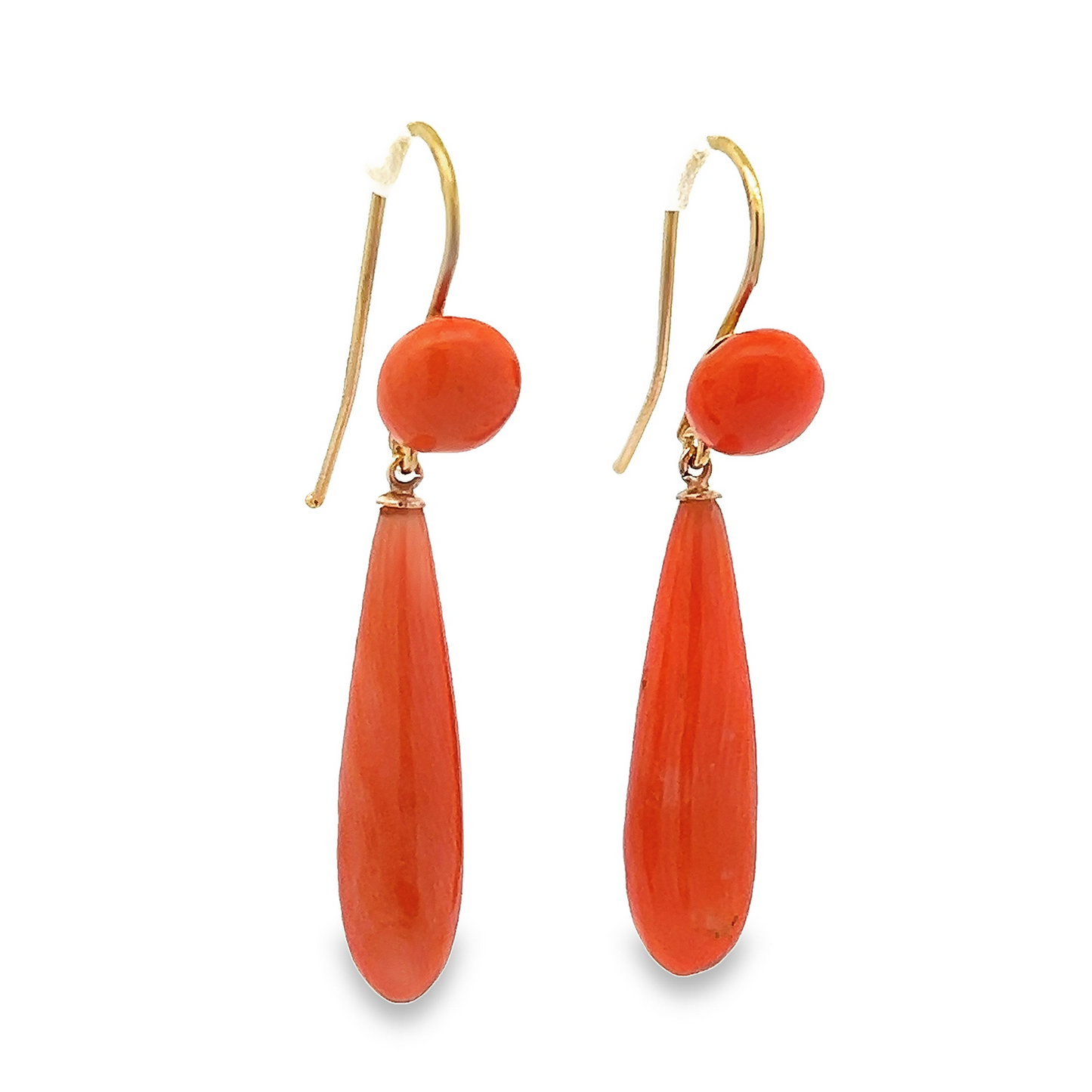 Antique Victorian Pear Shaped Undyed Neapolitan Coral 15ct Gold Drop Earrings