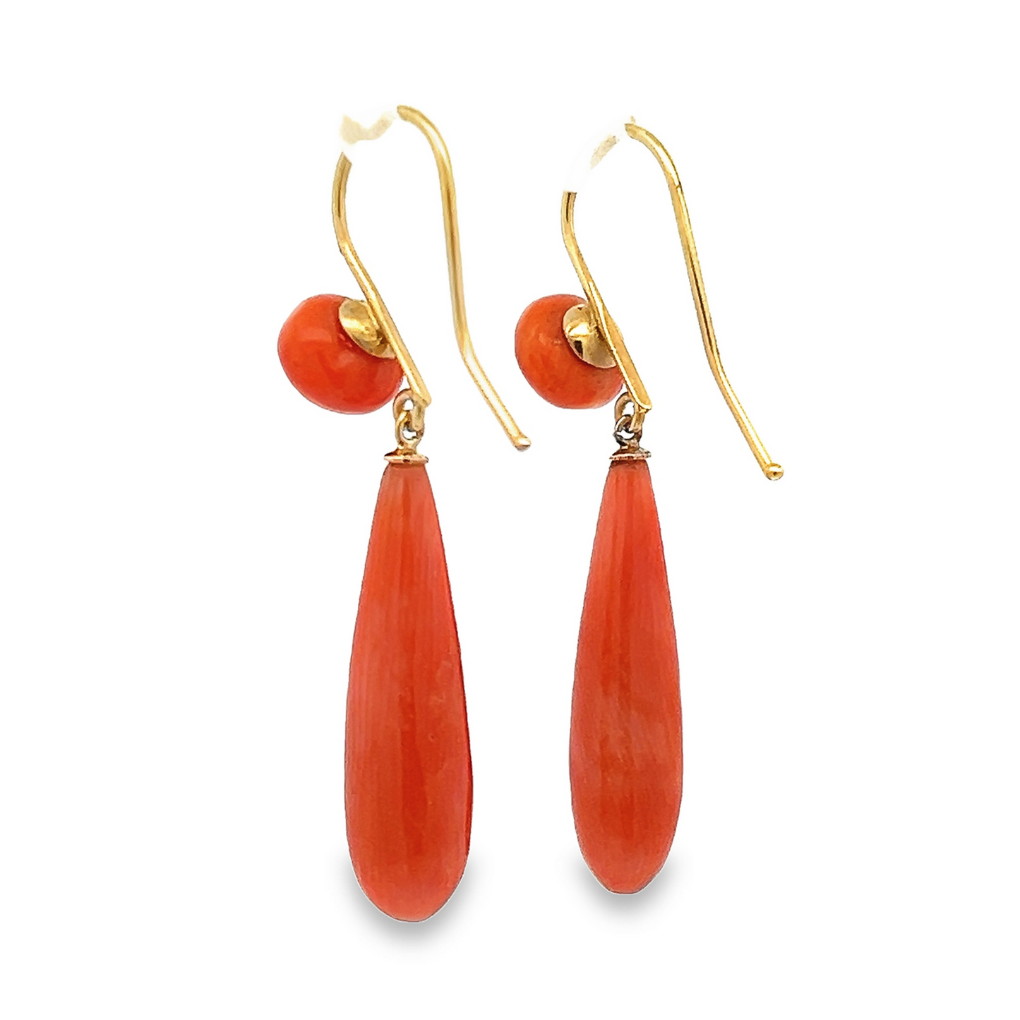 Antique Victorian Pear Shaped Undyed Neapolitan Coral 15ct Gold Drop Earrings