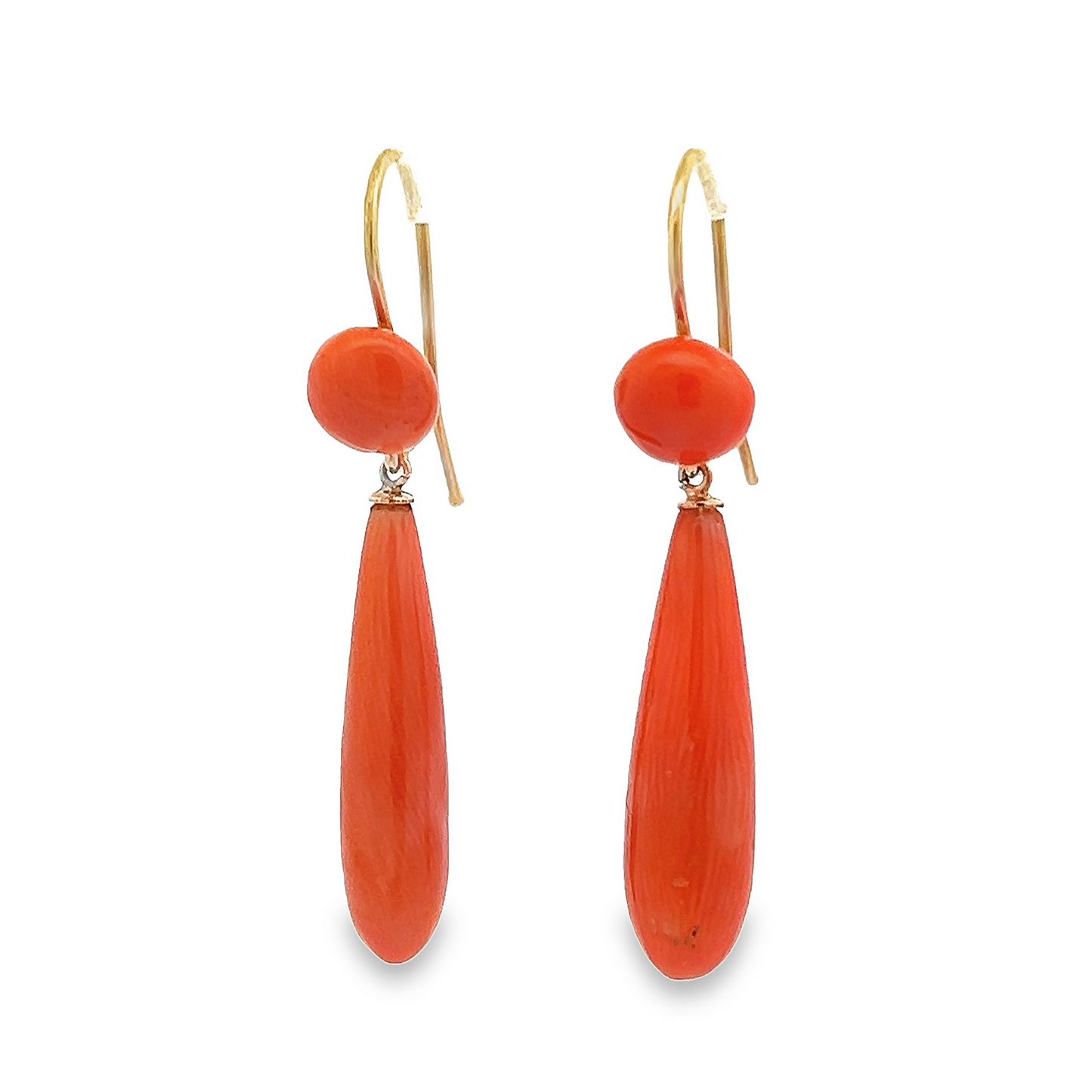 Antique Victorian Pear Shaped Undyed Neapolitan Coral 15ct Gold Drop Earrings
