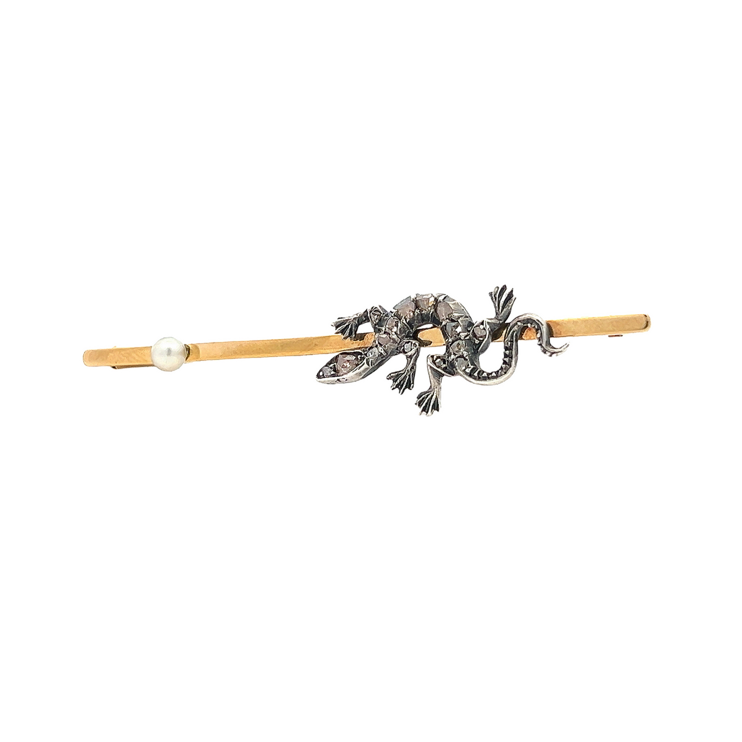 Antique Victorian Rose Cut Diamond & Natural Pearl Lizard Brooch