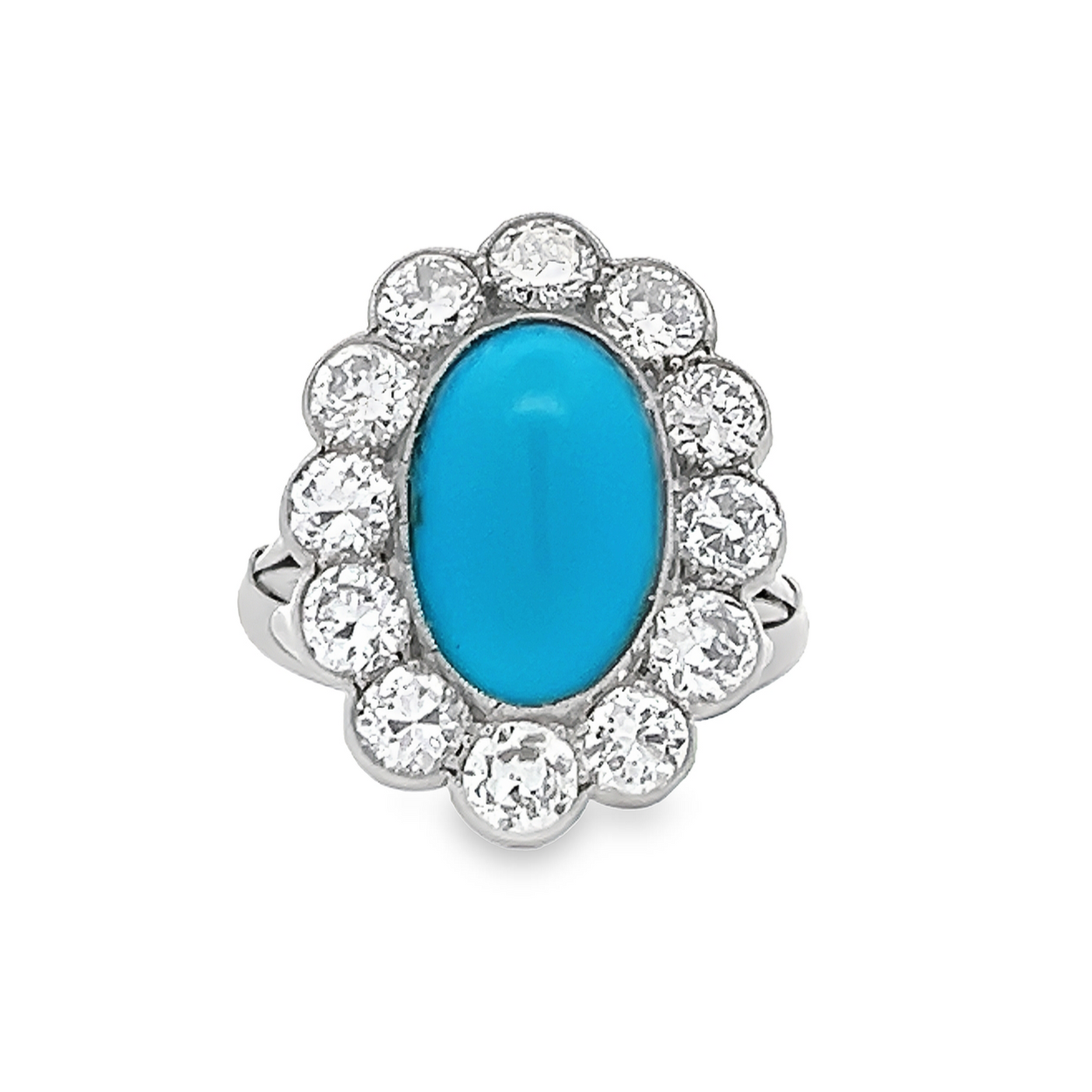 Antique Edwardian Turquoise and Transitional Cut Diamond Cluster Platinum Ring