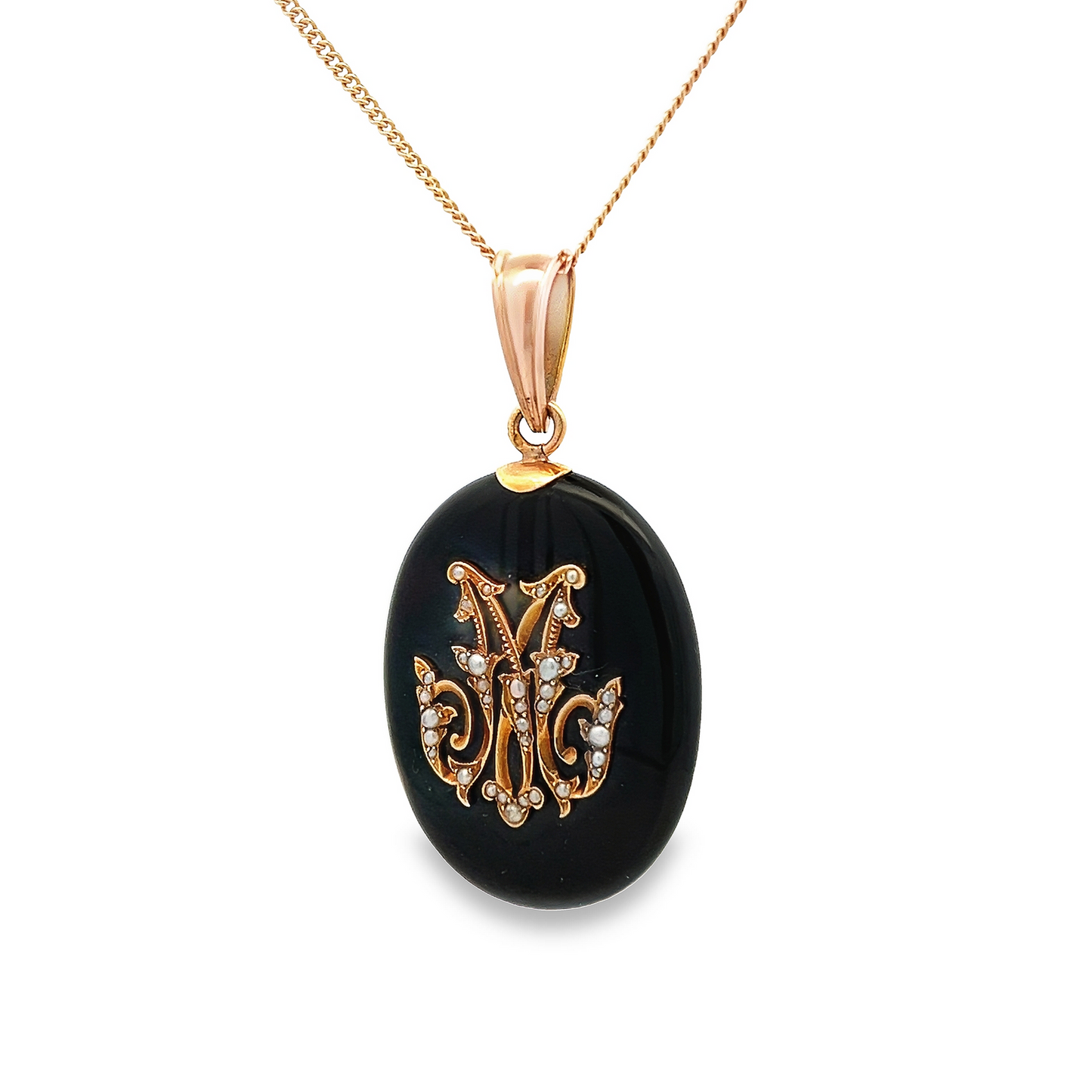 Antique Victorian Onyx and Seed Pearl 18ct Gold Oval Mourning Pendant with Locket Back