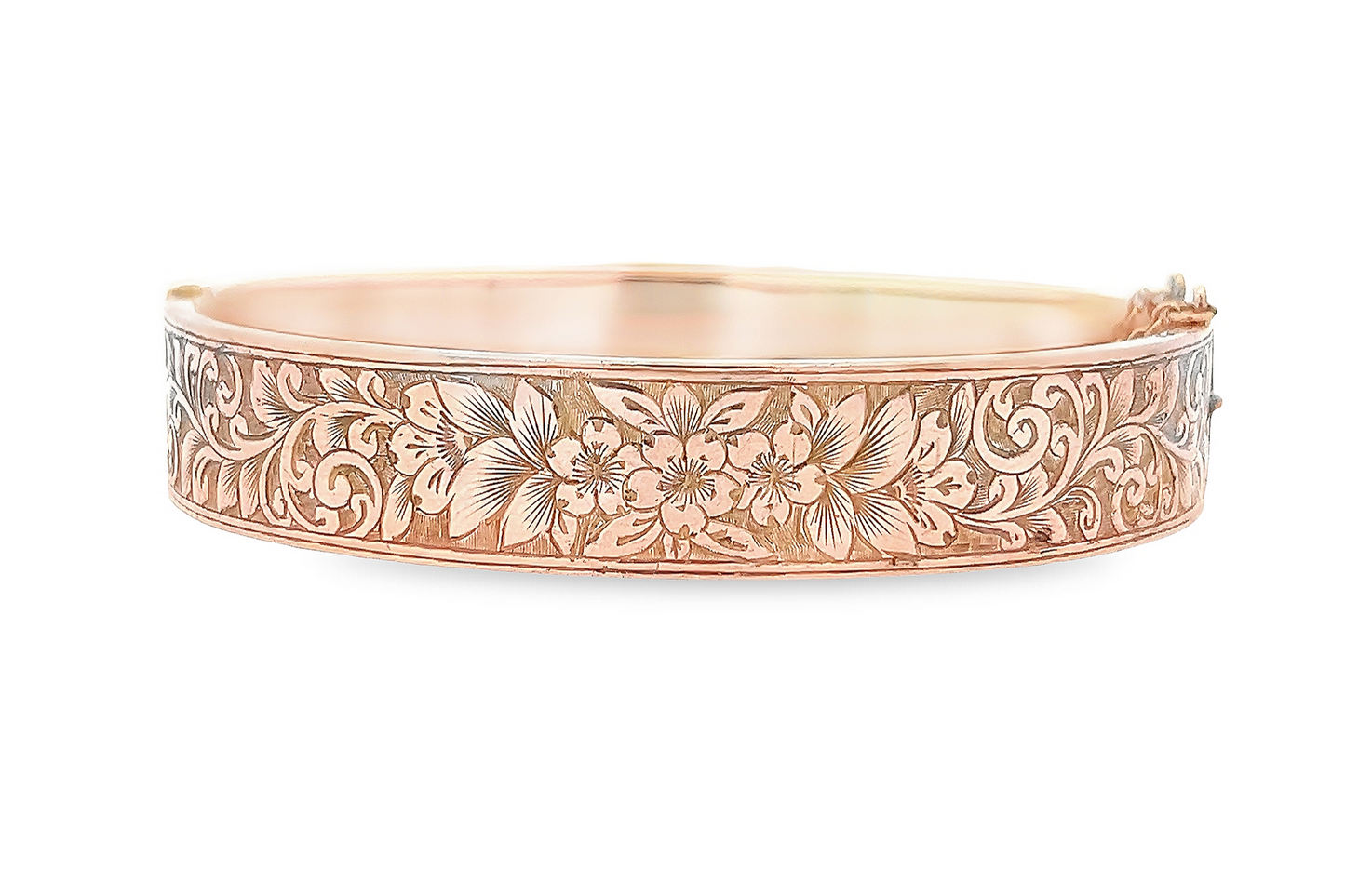 Antique Art Deco 9ct Rose Gold Hinged Bangle with Engraved Foliate Motifs