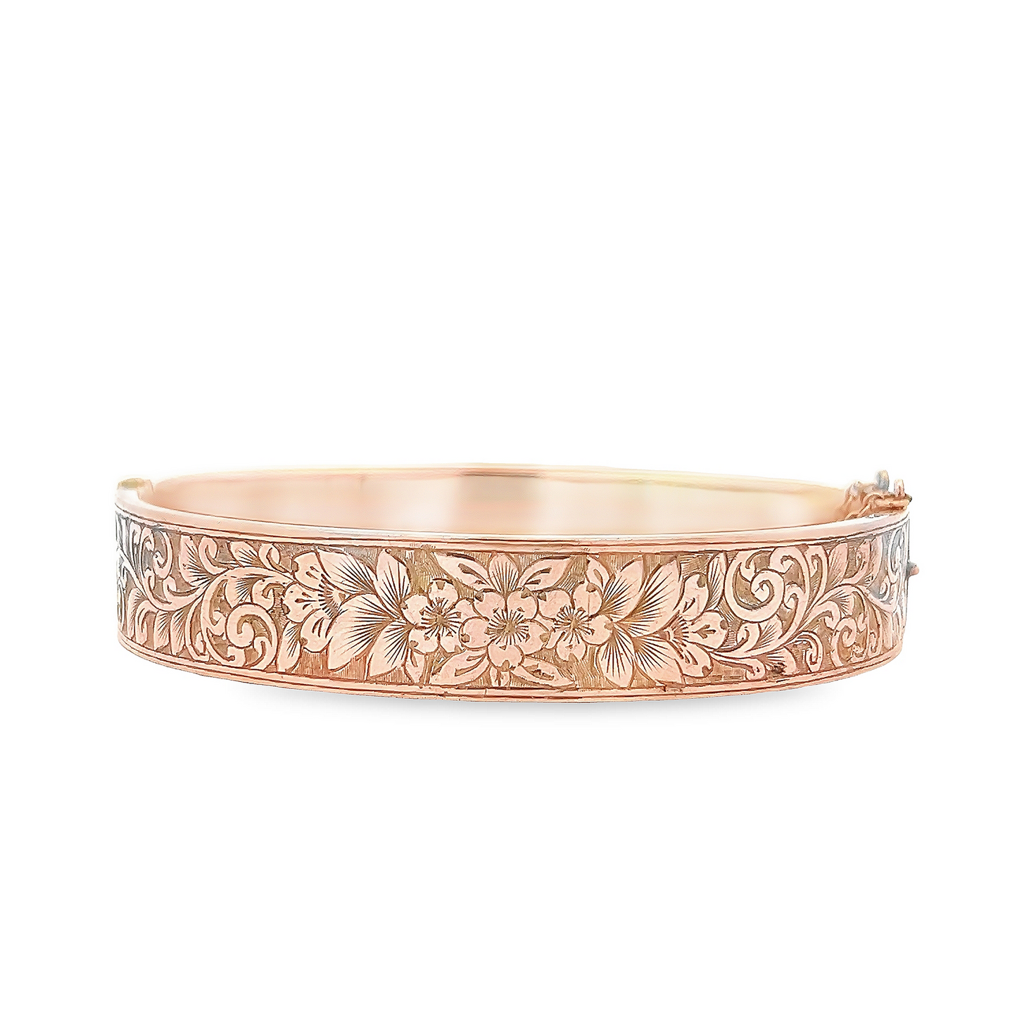 Antique Art Deco 9ct Rose Gold Hinged Bangle with Engraved Foliate Motifs