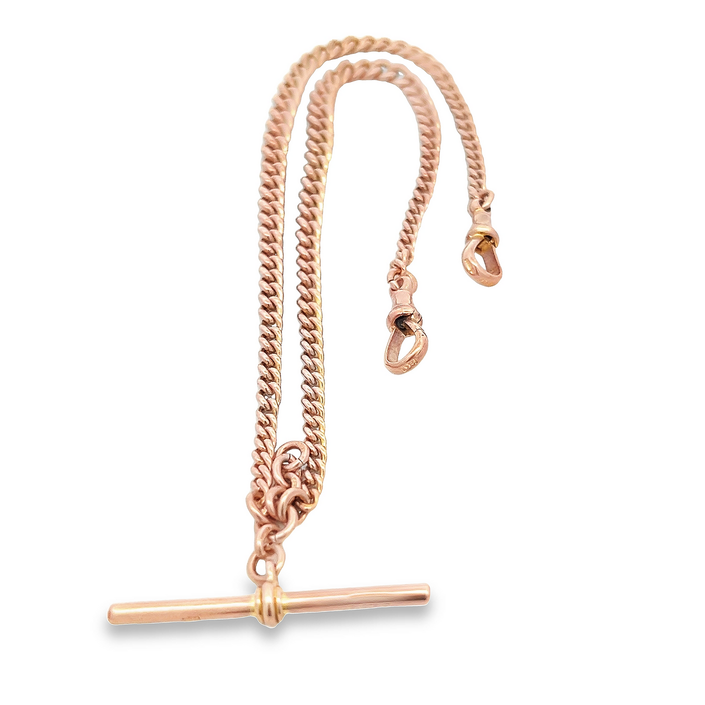 Antique Art Deco 9ct Rose Gold Graduated Curb Link Double Albert Watch Chain with T-Bar