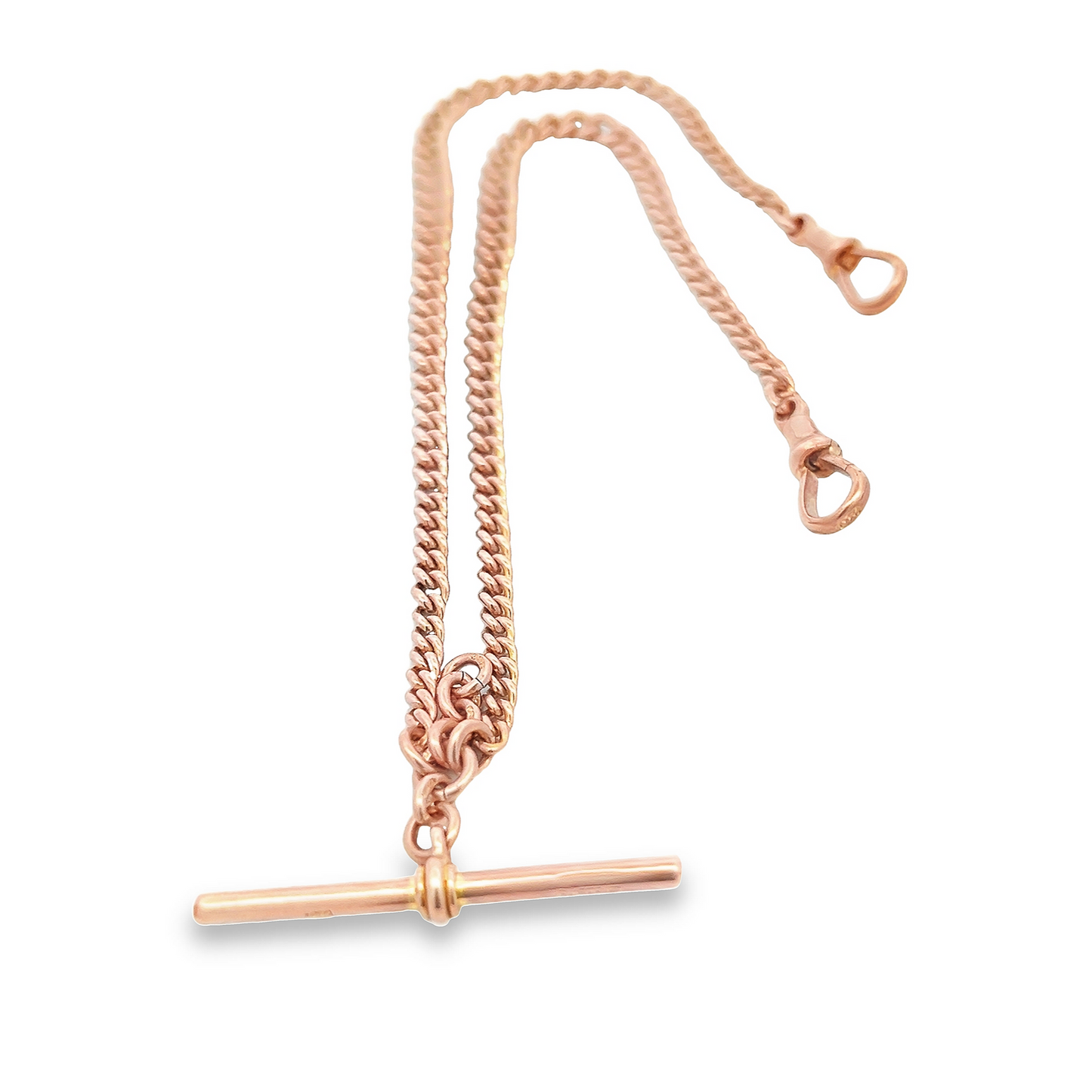 Antique Art Deco 9ct Rose Gold Graduated Curb Link Double Albert Watch Chain with T-Bar