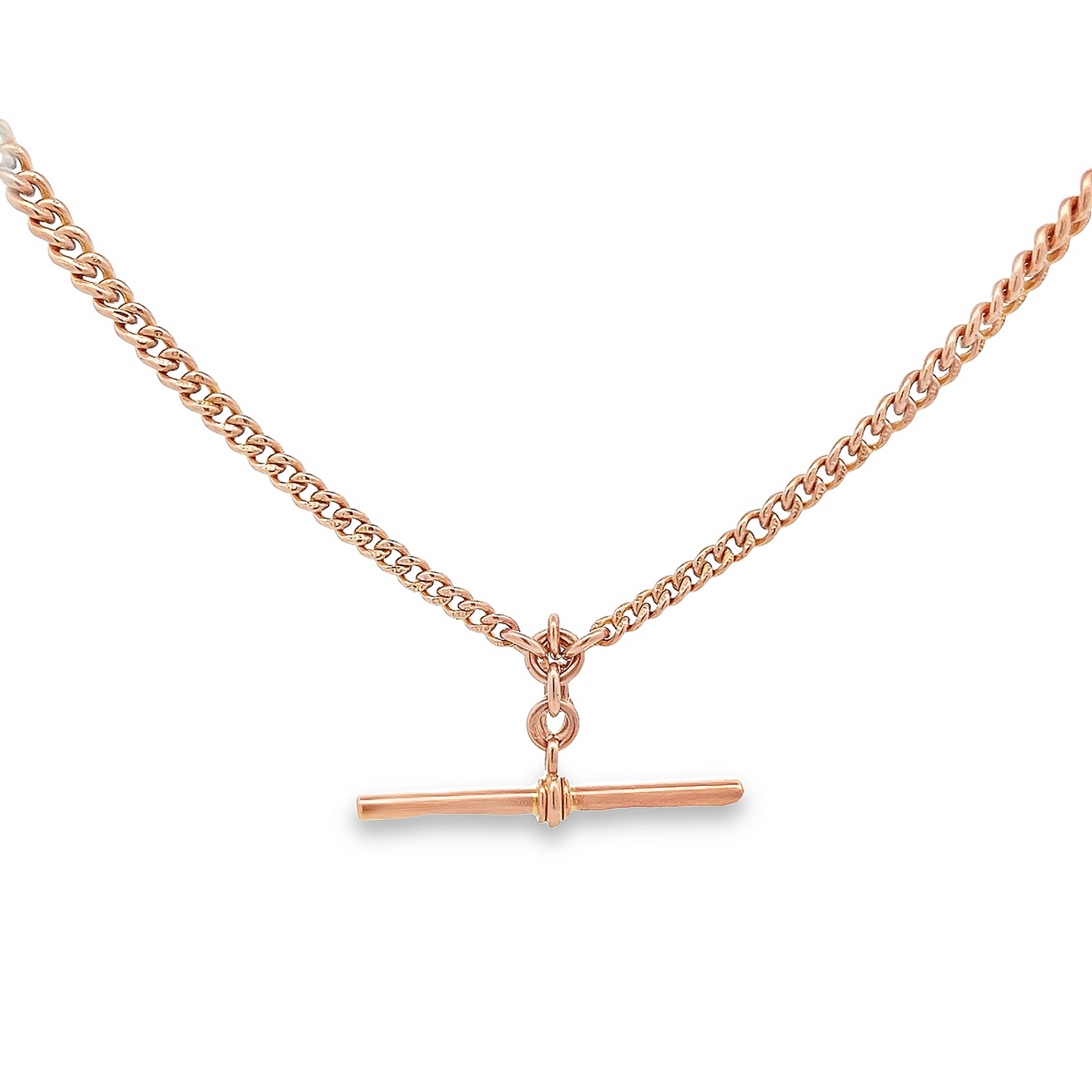 Antique Art Deco 9ct Rose Gold Graduated Curb Link Double Albert Watch Chain with T-Bar