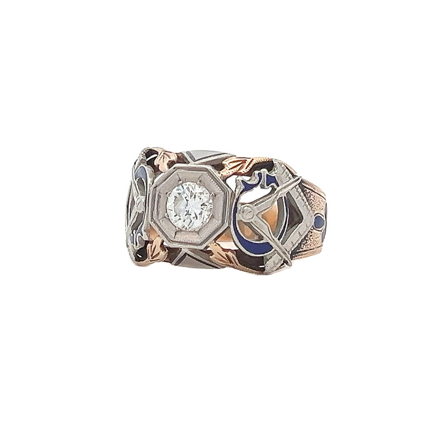 Vintage Diamond Set 10ct Gold Enamelled Masonic Ring