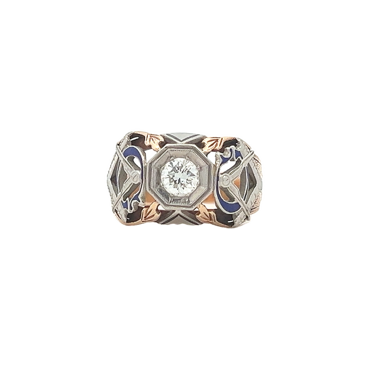 Vintage Diamond Set 10ct Gold Enamelled Masonic Ring