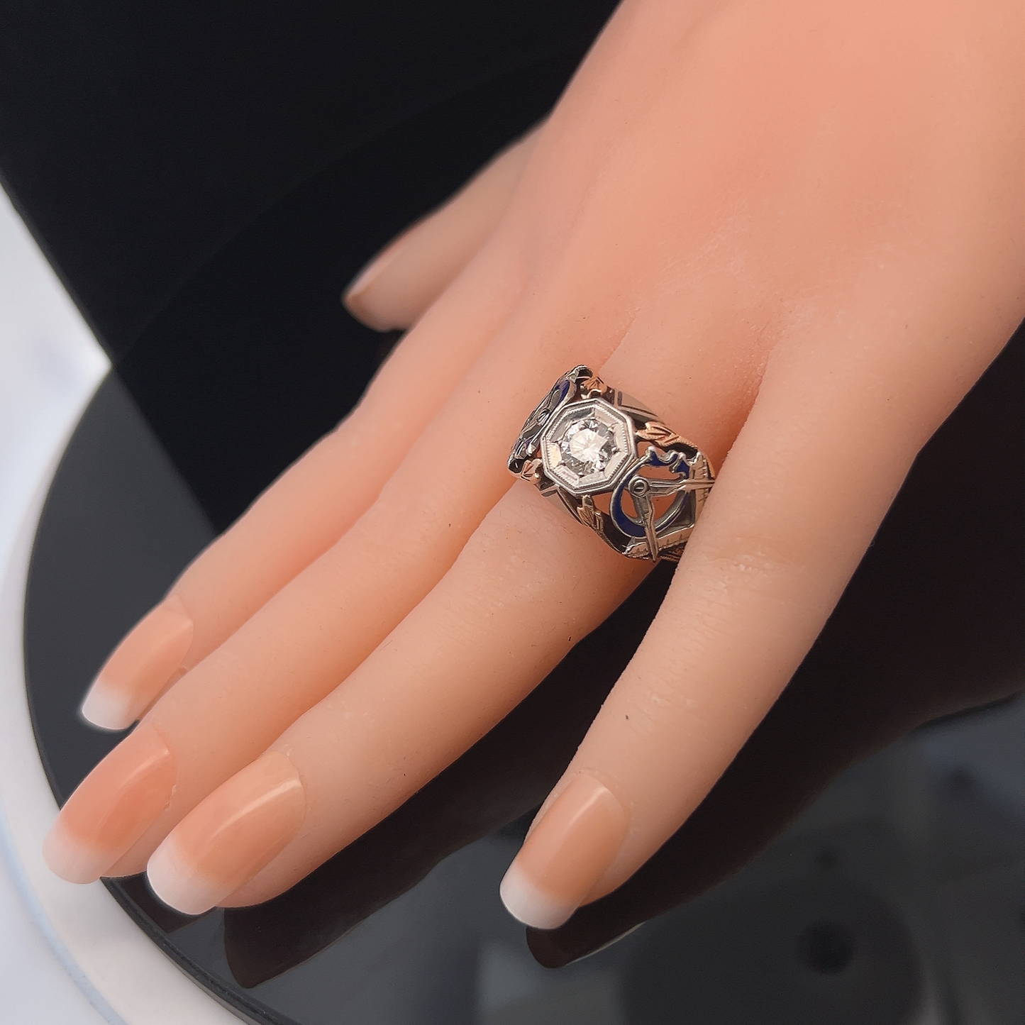 Vintage Diamond Set 10ct Gold Enamelled Masonic Ring
