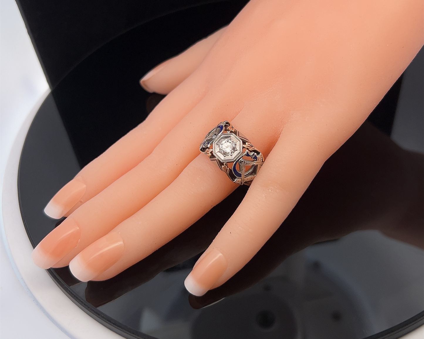 Vintage Diamond Set 10ct Gold Enamelled Masonic Ring