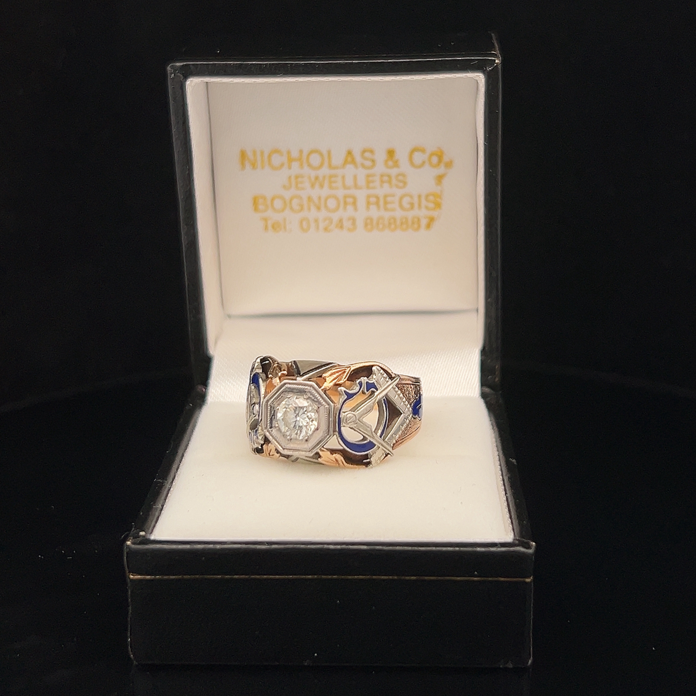 Vintage Diamond Set 10ct Gold Enamelled Masonic Ring