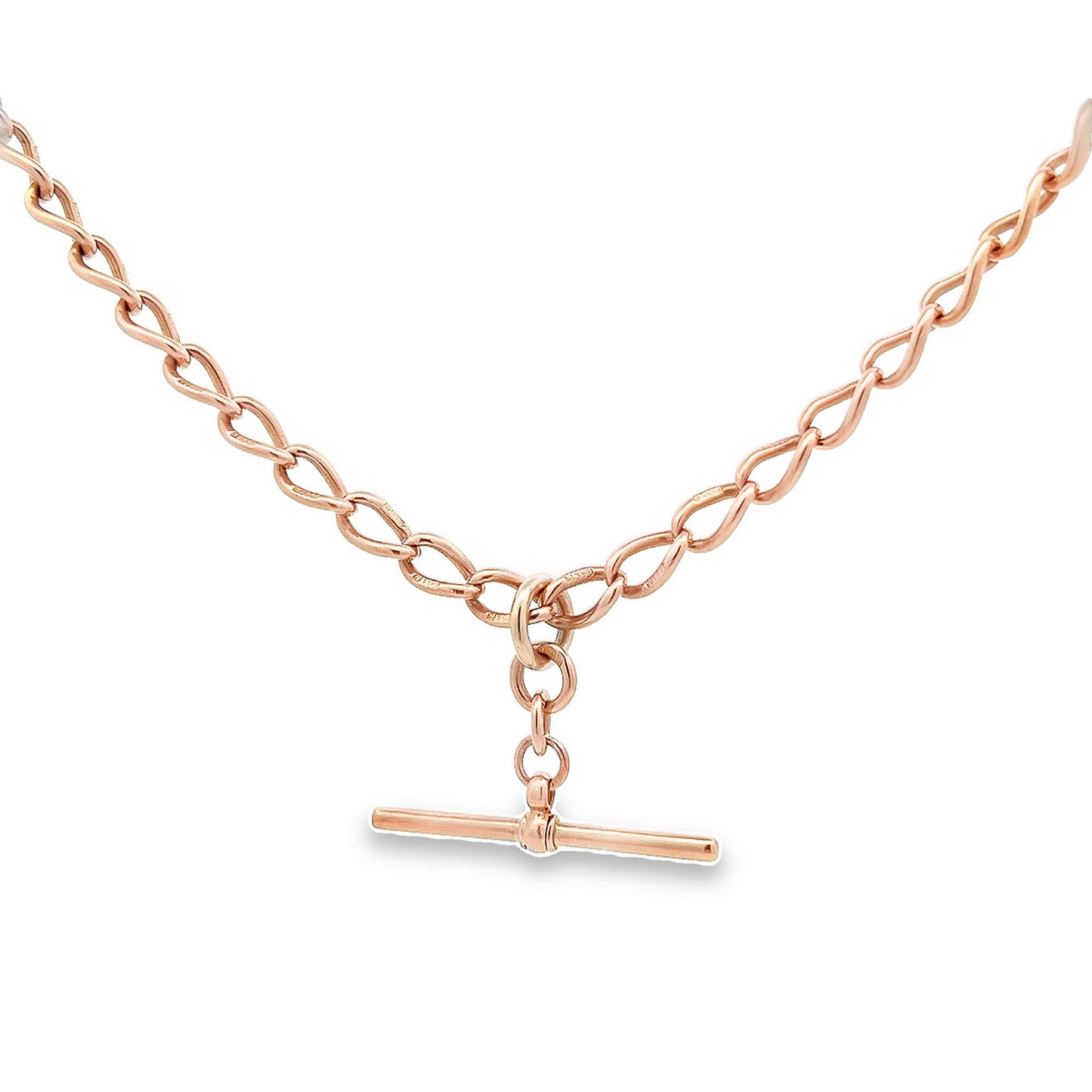 Antique Victorian Solid Open Curb Link 9ct Rose Gold Albert Watch Chain with T-Bar