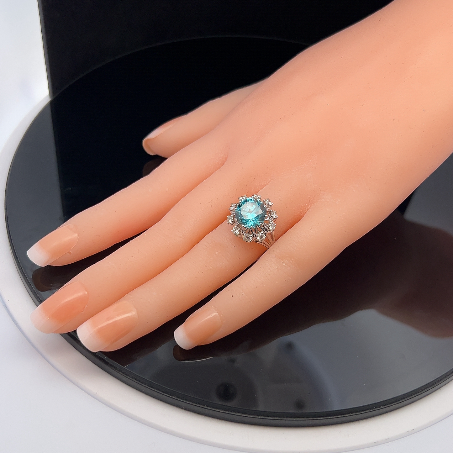 Vintage Blue Zircon and Diamond Platinum Cocktail Ring