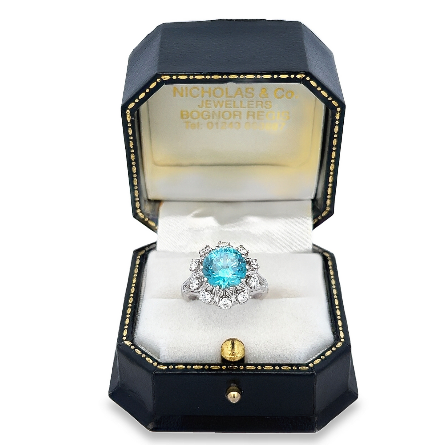 Vintage Blue Zircon and Diamond Platinum Cocktail Ring