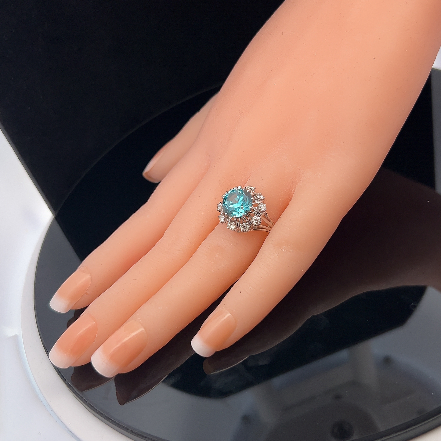 Vintage Blue Zircon and Diamond Platinum Cocktail Ring