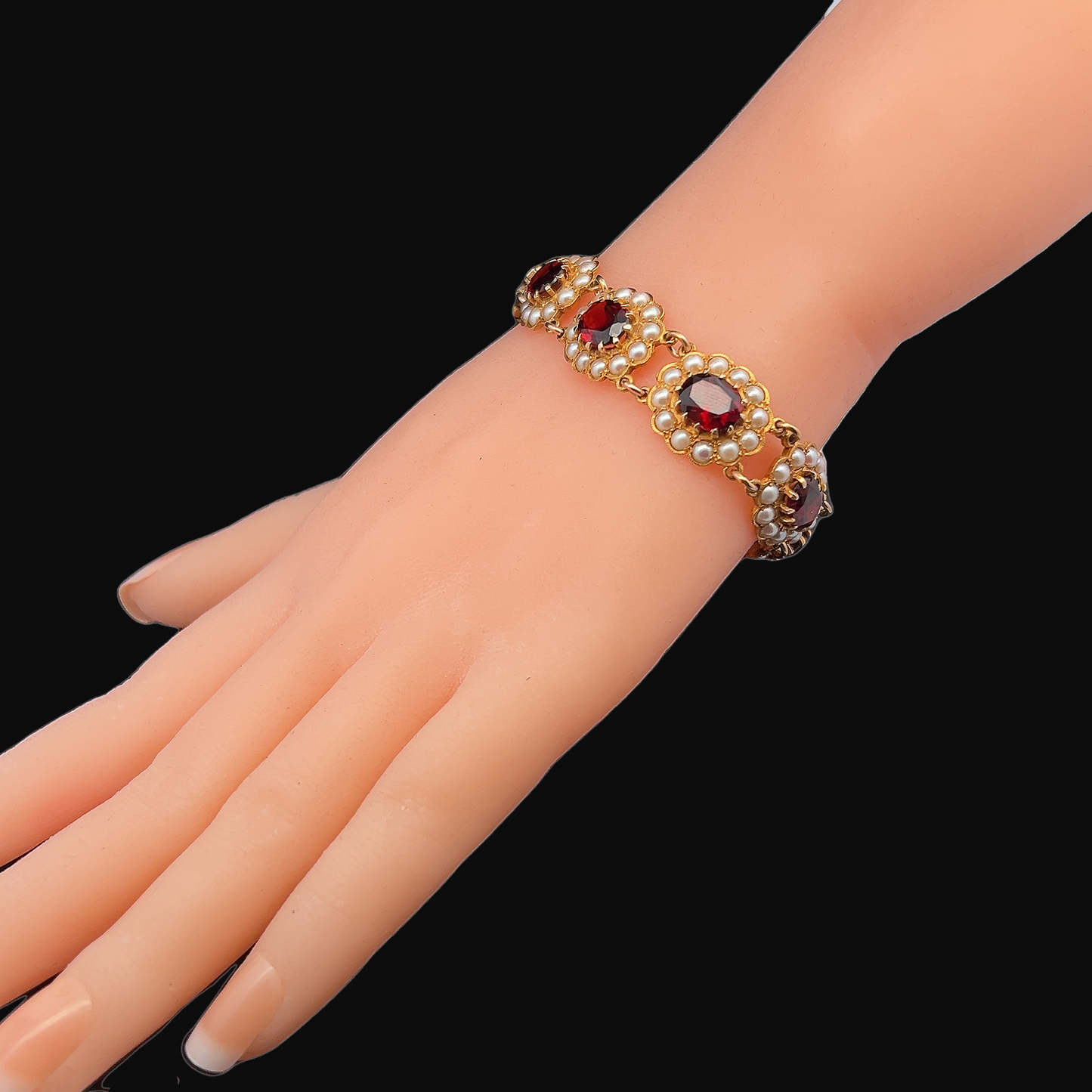 Vintage Georgian Style Garnet and Pearl 9ct Gold Bracelet