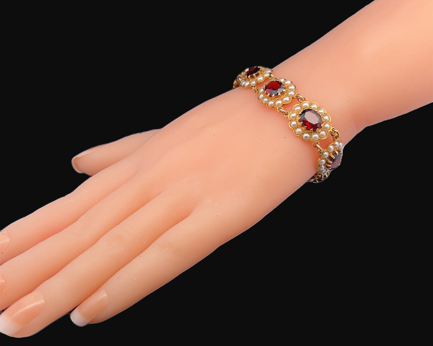 Vintage Georgian Style Garnet and Pearl 9ct Gold Bracelet