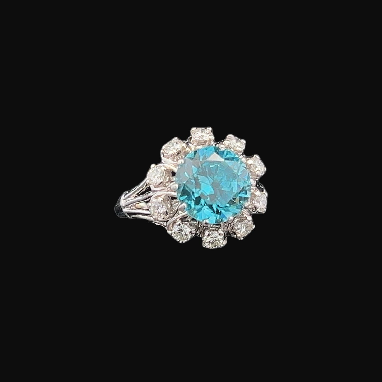 Vintage Blue Zircon and Diamond Platinum Cocktail Ring