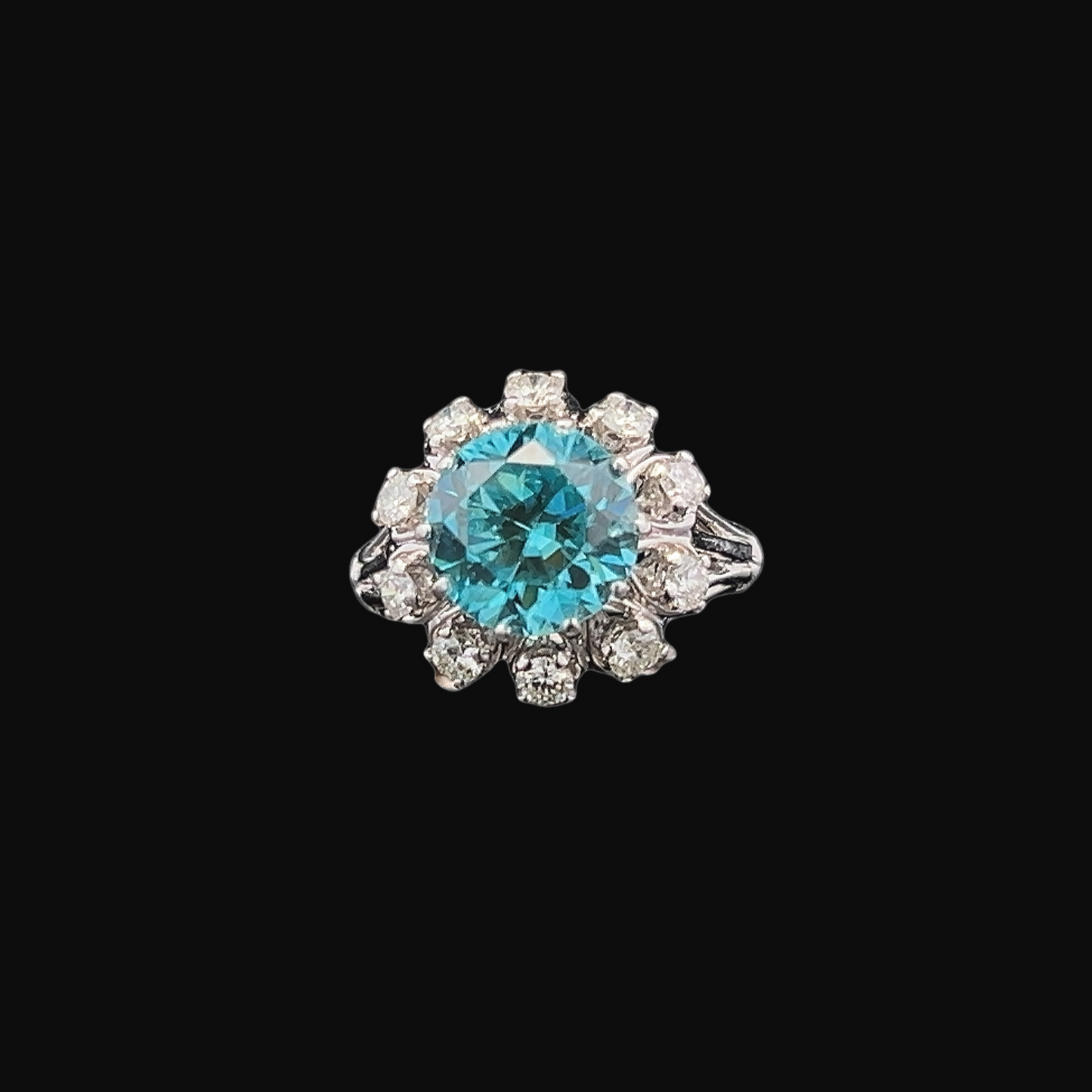 Vintage Blue Zircon and Diamond Platinum Cocktail Ring