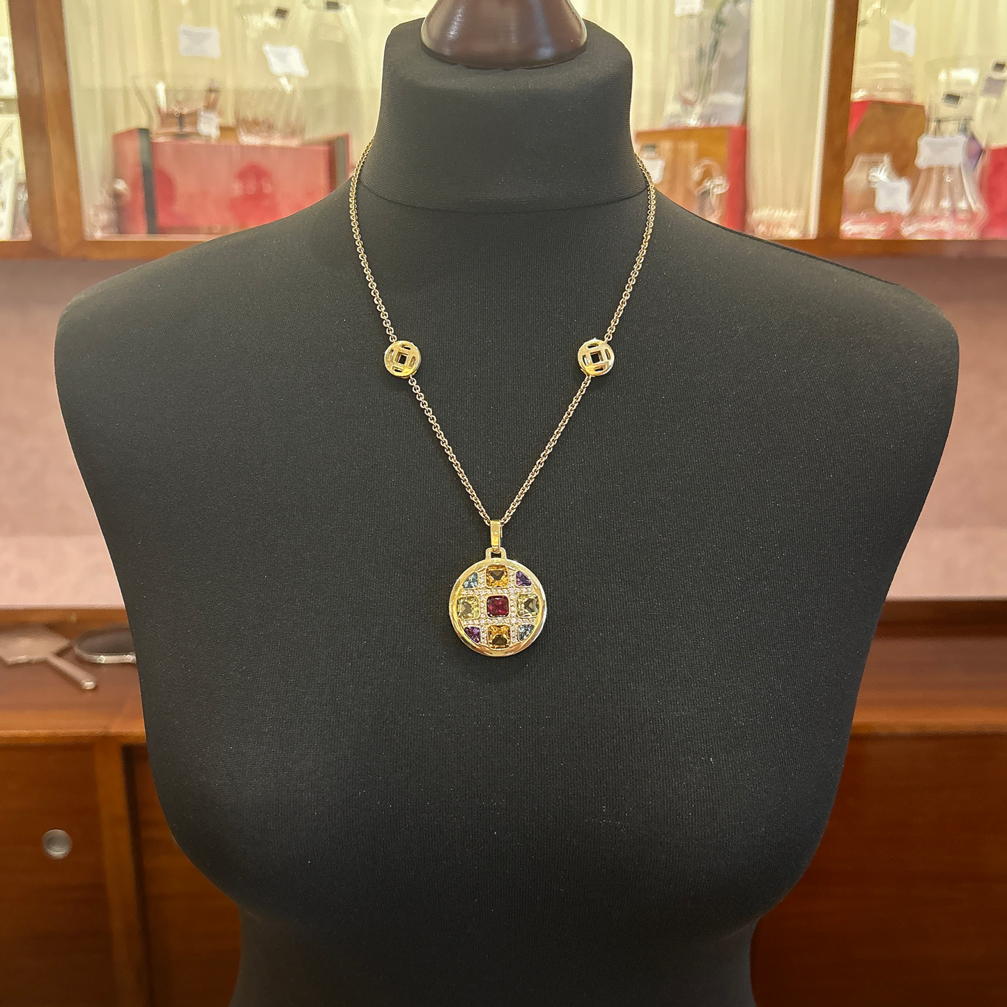 Vintage Multi Gemstone 18ct Gold Cocktail Pendant with 18ct Gold Chain Attached