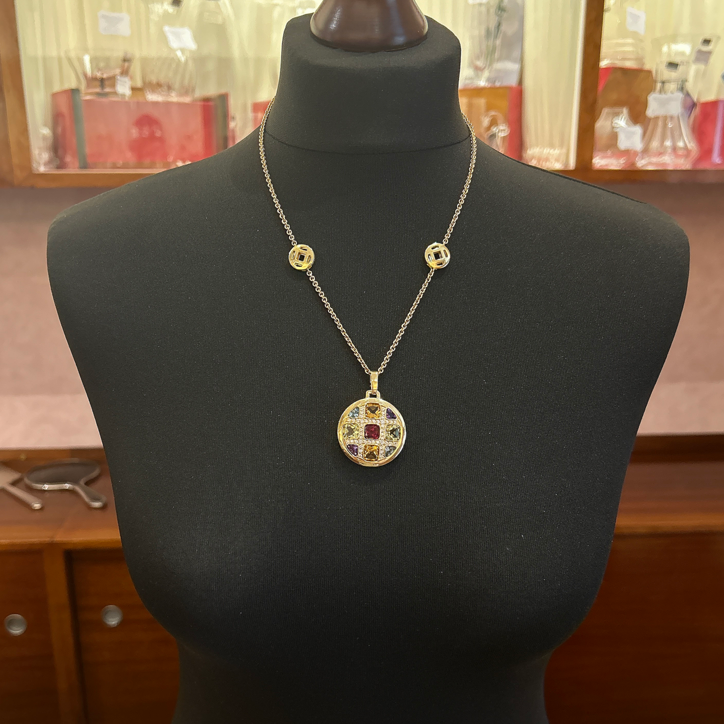 Vintage Multi Gemstone 18ct Gold Cocktail Pendant with 18ct Gold Chain Attached