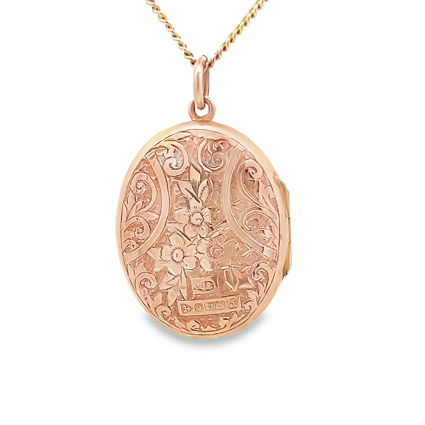 Antique Hand Engraved Floral and Heart Motif 9ct Gold Oval Locket
