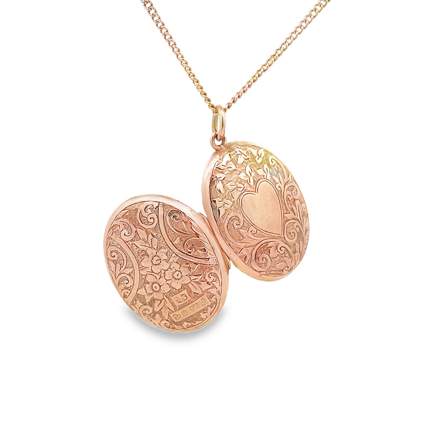 Antique Hand Engraved Floral and Heart Motif 9ct Gold Oval Locket