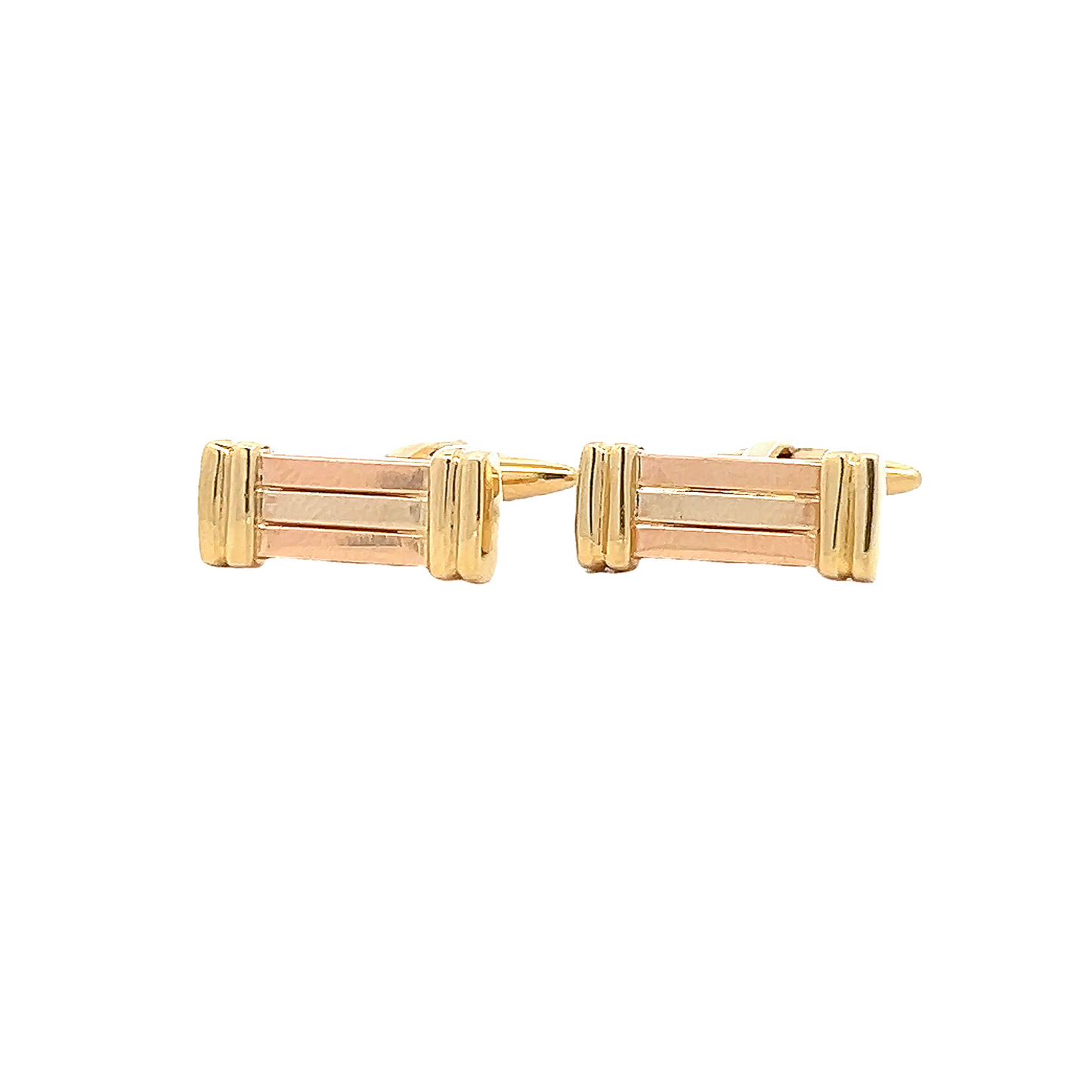 Vintage 18ct Gold Tri-Colour Rectangular 'Ribbed' Baton Cufflinks