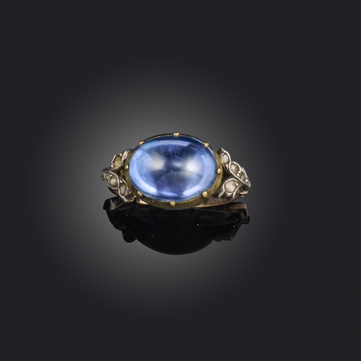 Antique Georgian Untreated Ceylon Sapphire and Diamond Ring. Gold and Silver Set
