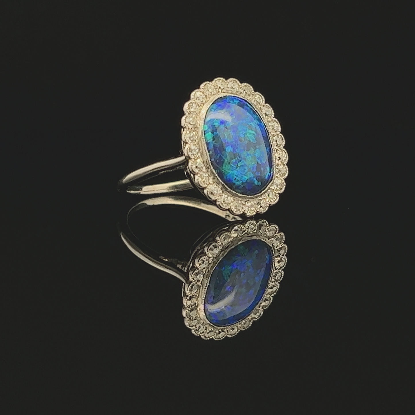 Antique Black Opal and Diamond Platinum Cluster Ring