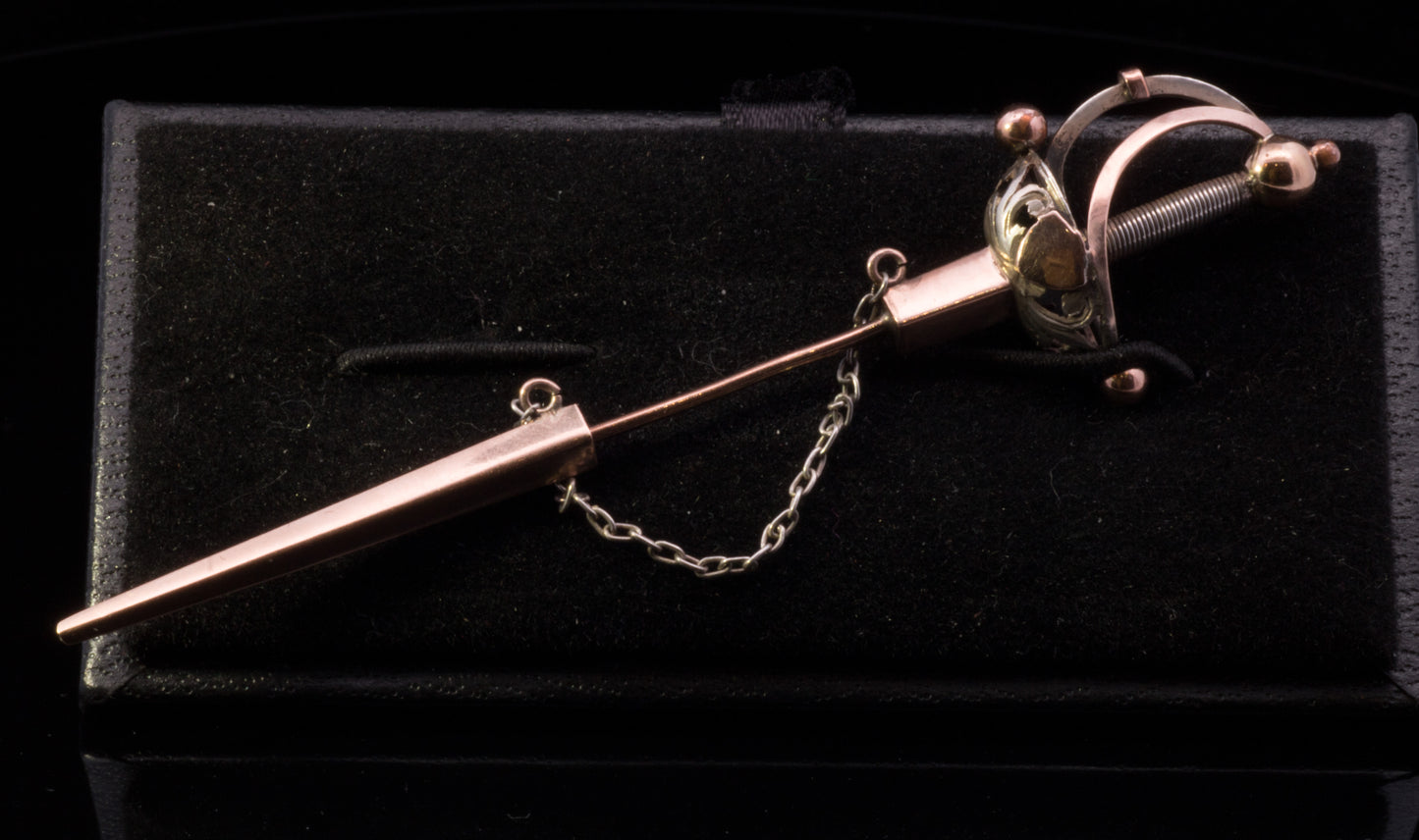 Vintage 9ct Rose Gold and Silver Sword Jabot Pin. Circa 1920