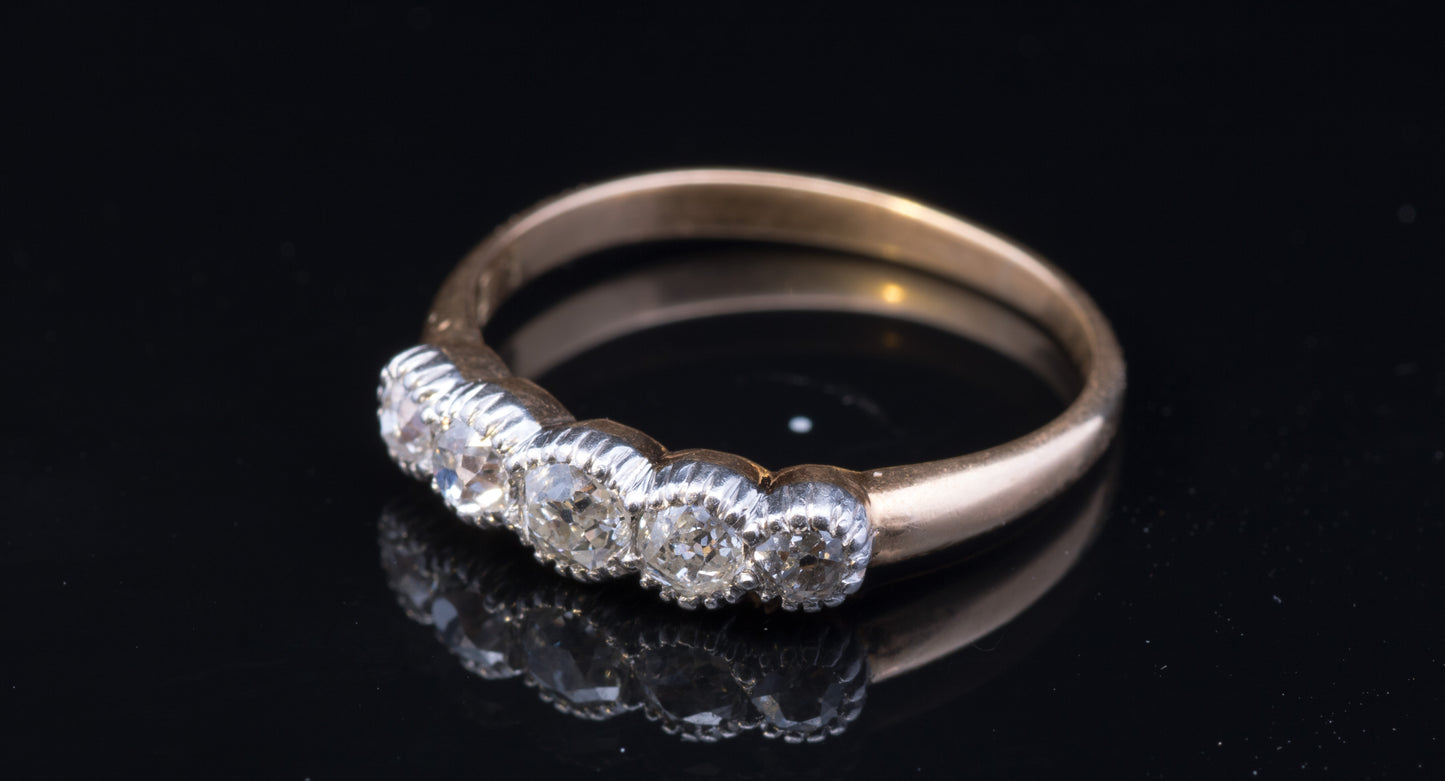 Antique 18ct Gold 5 Stone Diamond Ring. Old European Cut Diamonds. Late Victorian.