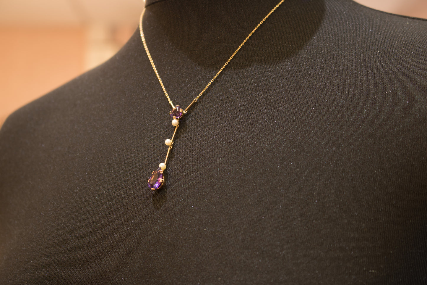 Antique Edwardian 9ct Amethyst and Natural Pearl Lavalier / Negligee Necklace. Circa 1910