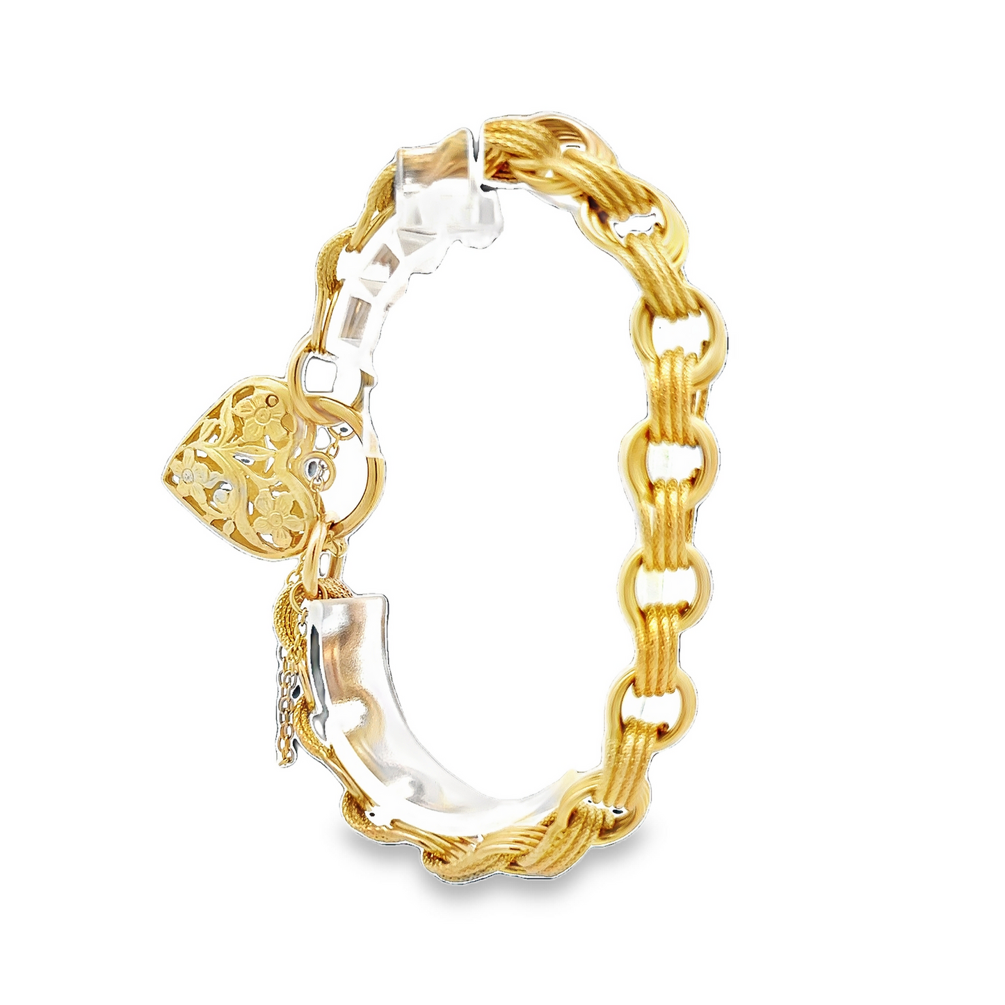 Vintage Matte and Polished 9ct Gold Curb Link Bracelet with Large Floral Heart Clasp