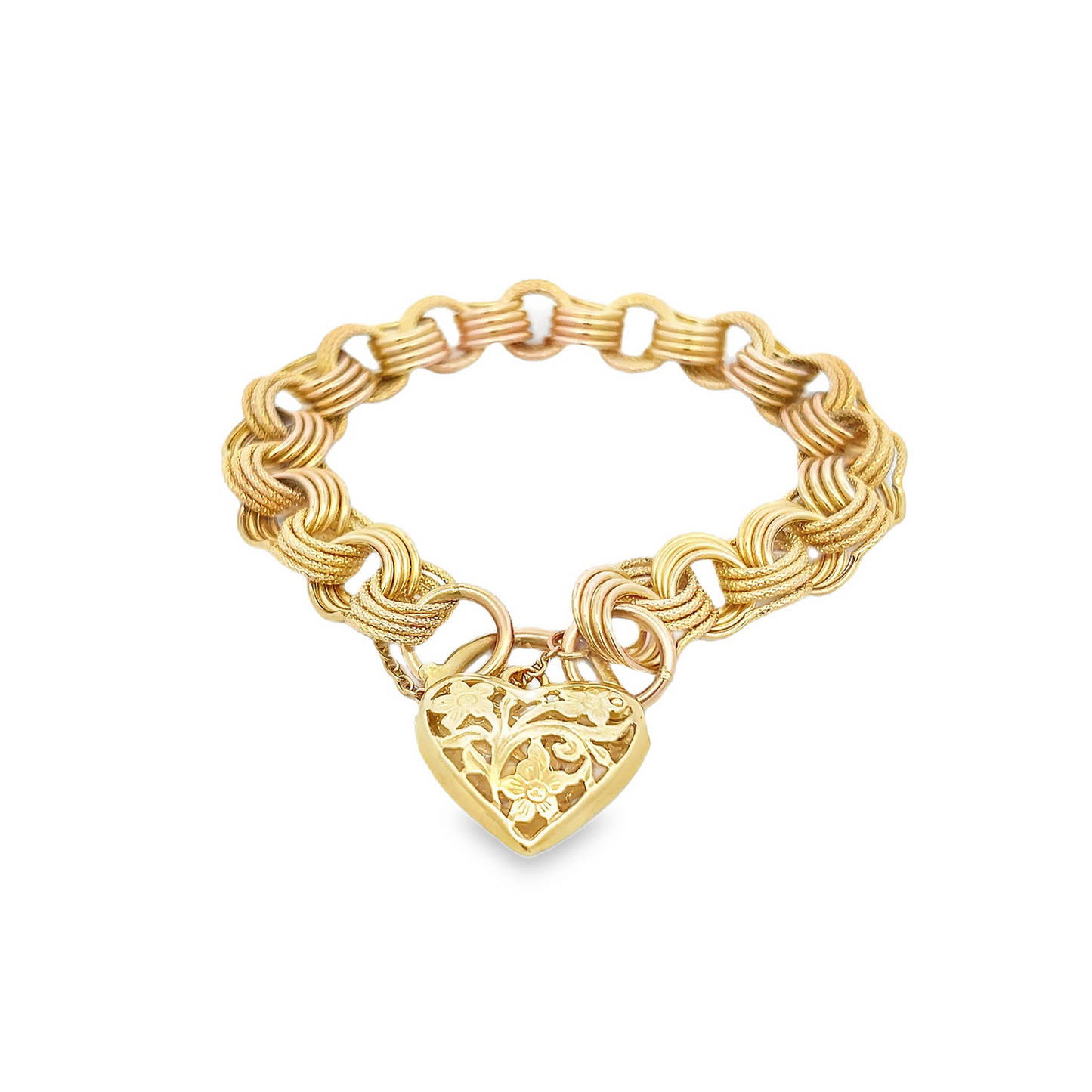 Vintage Matte and Polished 9ct Gold Curb Link Bracelet with Large Floral Heart Clasp