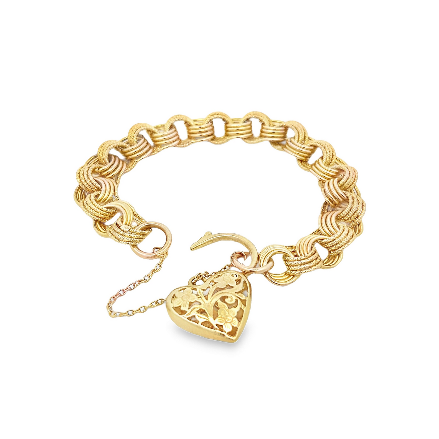 Vintage Matte and Polished 9ct Gold Curb Link Bracelet with Large Floral Heart Clasp